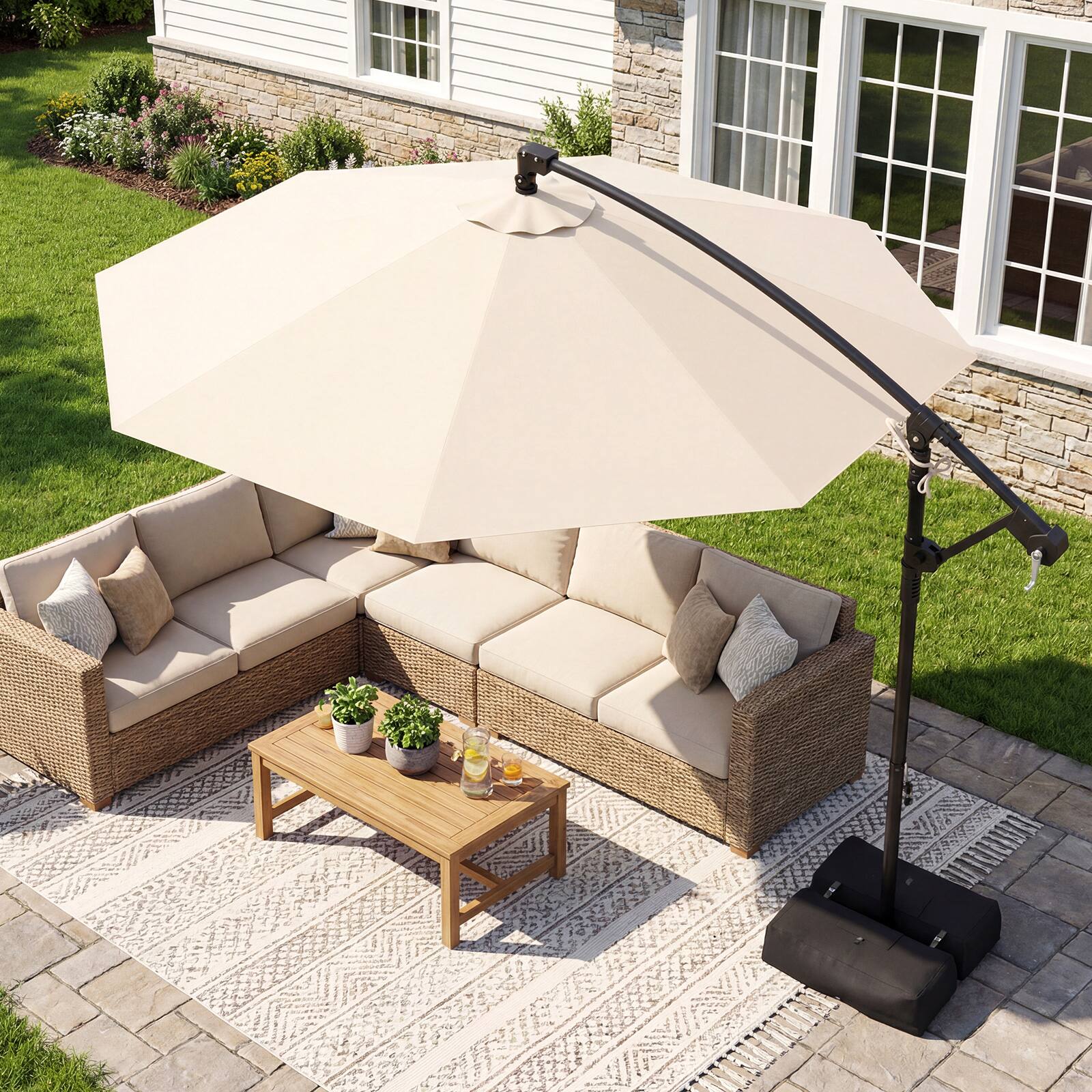 Alt View 4. Costway - Costway 10 FT Offset Hanging Umbrella with Base Patio Cantilever Umbrella 360° Rotation - Beige.