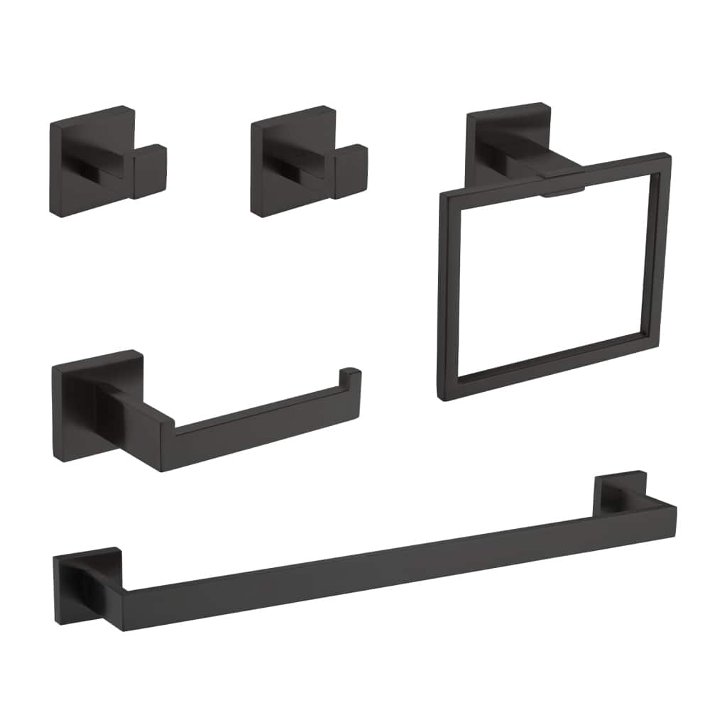 JUJABU - 5-Piece Bathroom Set Towel Bar + Ring + Hooks + TP Holder - Black