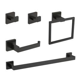 JUJABU - 5-Piece Bathroom Set Towel Bar + Ring + Hooks + TP Holder - Black