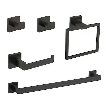 Front. JUJABU - 5-Piece Bathroom Set Towel Bar + Ring + Hooks + TP Holder, Black - Black.