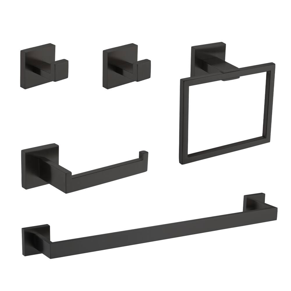 Front. JUJABU - 5-Piece Bathroom Set Towel Bar + Ring + Hooks + TP Holder, Black - Black.