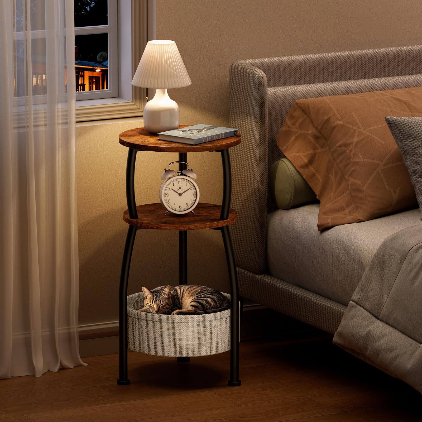 Alt View 5. VEGA AUTOMOTIVE - Round Side Table For Spaces With Storage Basket - End 3-tier Night Stand Sofa Corner Living Room Bedroom Pa... - Classic Black.