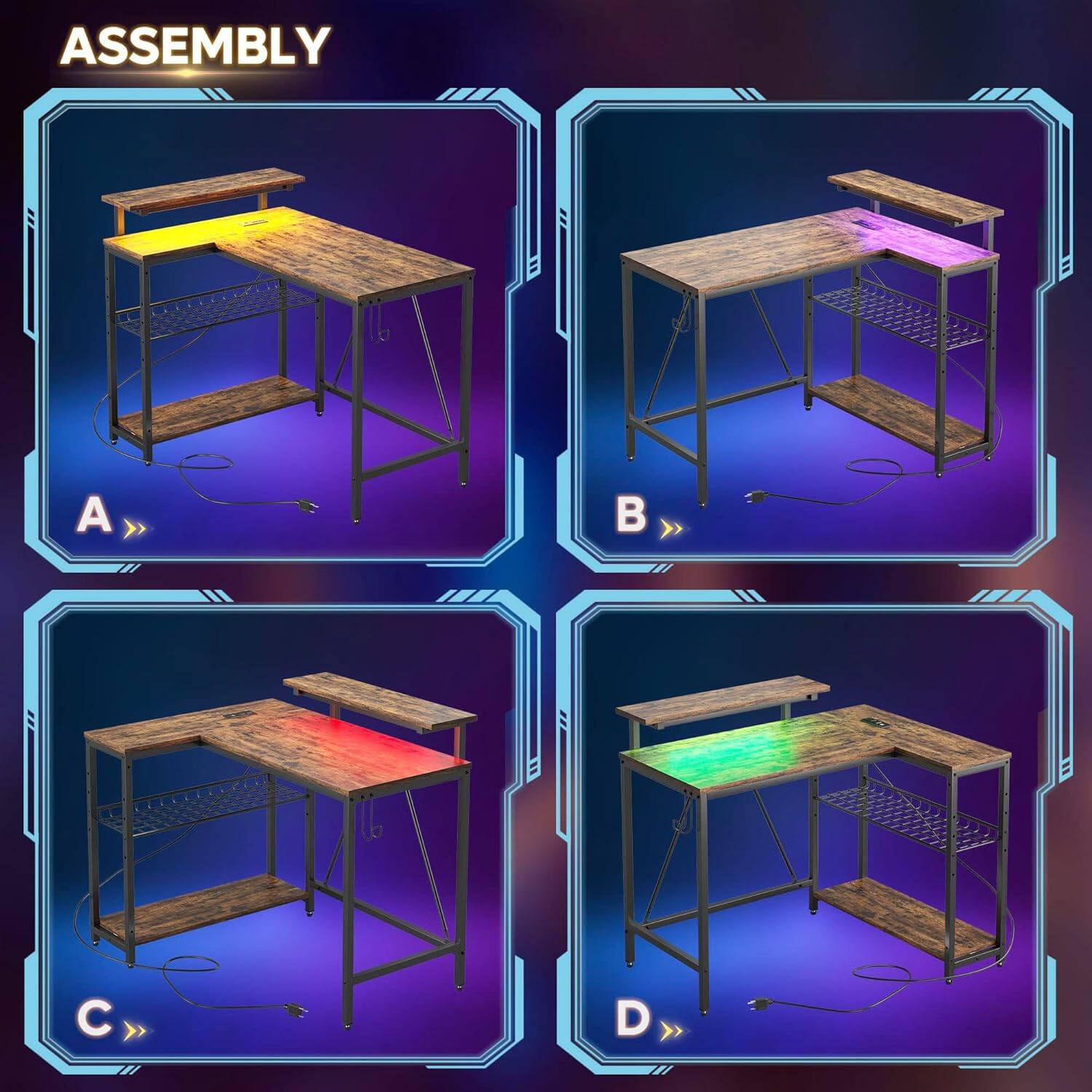 Alt View 5. Bestier - L-Shaped Gaming Desk with Power Outlets LED Lights and Reversible Storage Shelves & Hooks - 42" Wide - Rustic Brown.