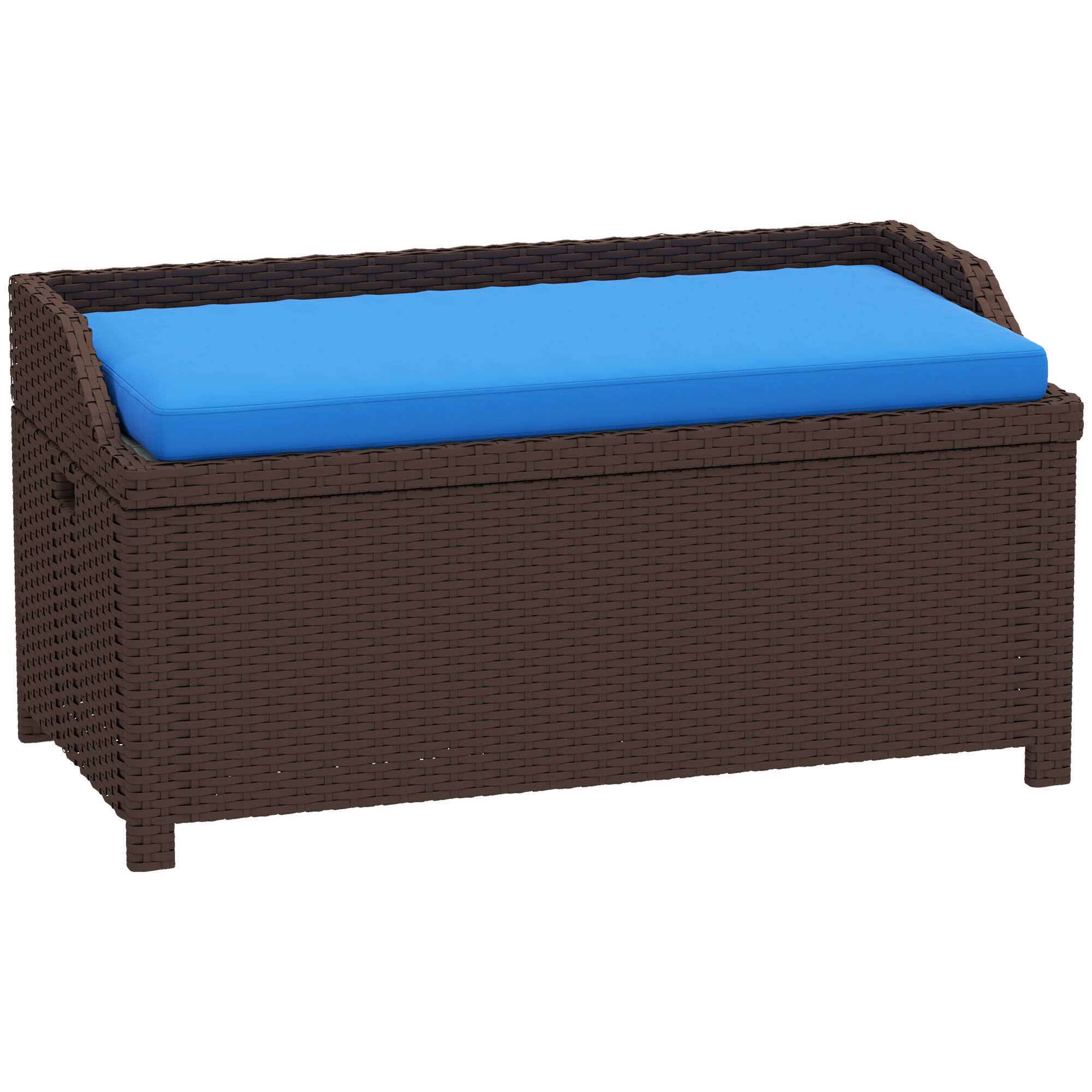 Outsunny - 34 Gallon Outdoor Wicker Storage Bench Deck Box, PE Rattan Patio Furniture Pool Storage Bin Container - Blue