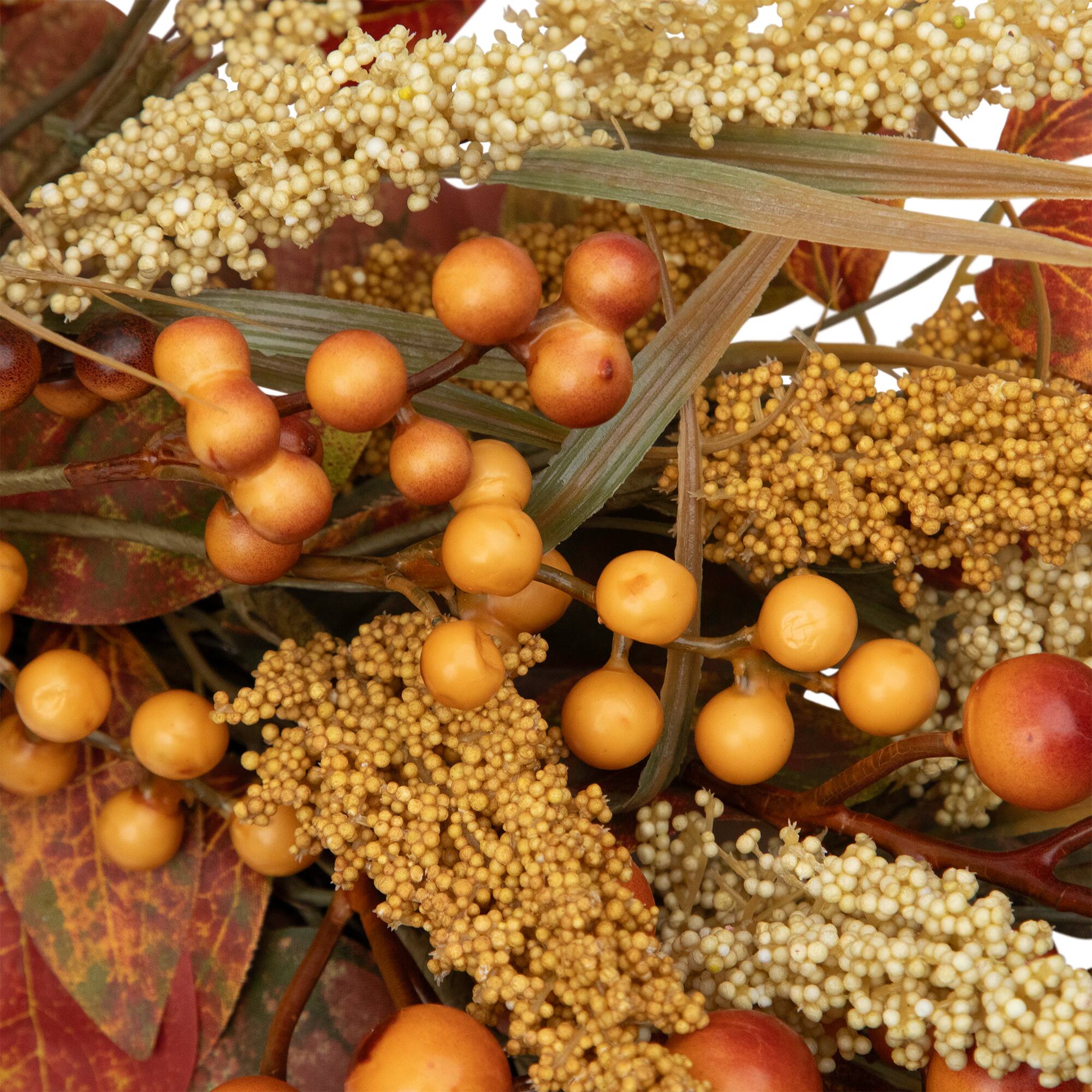 Alt View 9. Northlight - Autumn Leaves, Grass Blades and Berries Artificial Fall Harvest Wreath - 24" - Orange.