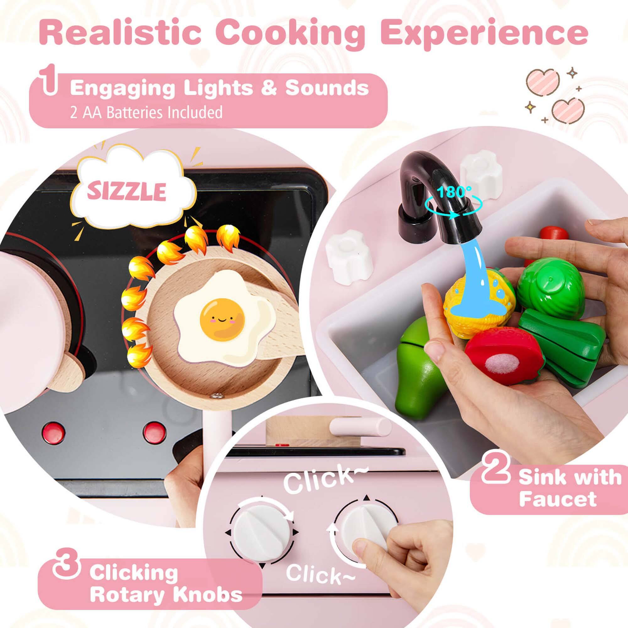 Realistic Cooking Experience

1. Engaging Lights & Sounds  
   2 AA Batteries Included

2. Sink with Faucet

3. Clicking Rotary Knobs

Sizzle