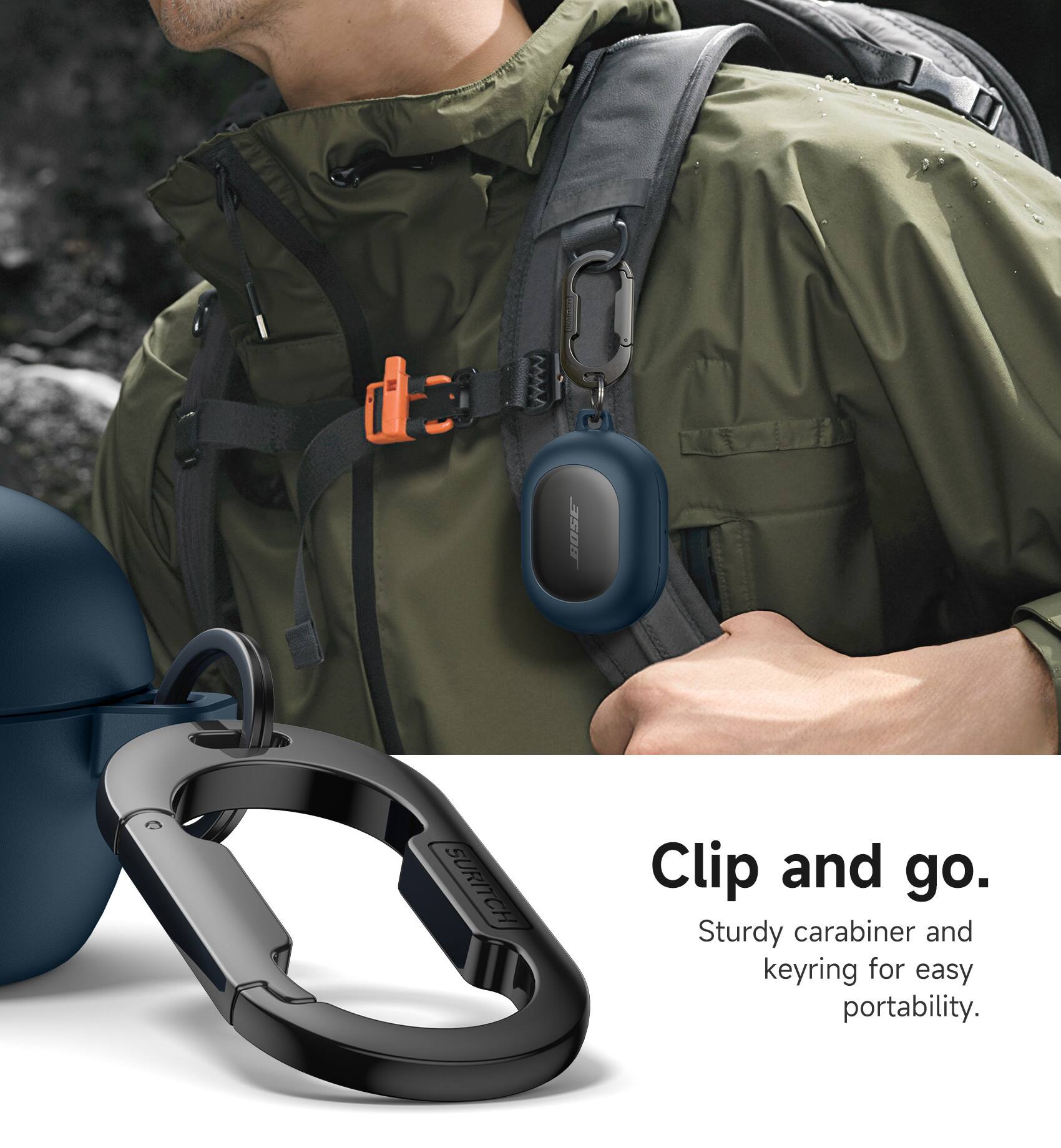 BOSE SURITCH Clip and go. Sturdy carabiner and keyring for easy portability.
