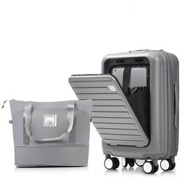 BreeBe - Front-Opening 20" Carry-On Luggage Set, Expandable ABS Hardshell Two-Piece Suitcases with USB Port and Cup Holder - Gray