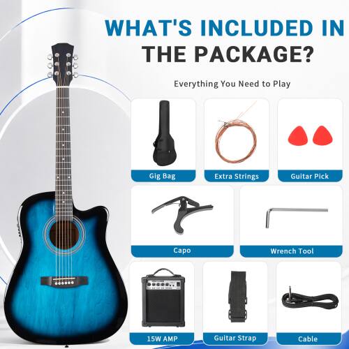 WHAT'S INCLUDED IN THE PACKAGE?
Everything You Need to Play
Gig Bag
Extra Strings
Guitar Pick
Capo
Wrench Tool
15W AMP
Guitar Strap
Cable
