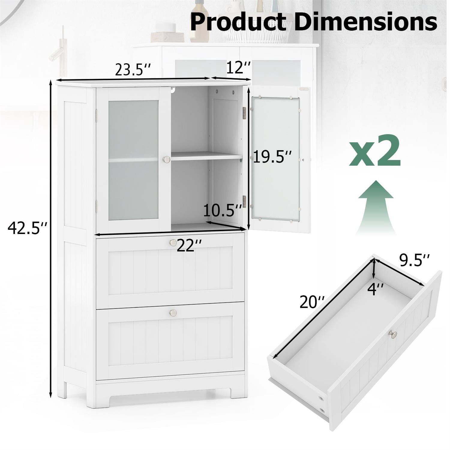 Product Dimensions

- Height: 42.5"
- Width: 23.5"
- Depth: 12"
- Shelf Height: 10.5"
- Shelf Depth: 19.5"
- Drawer Height: 9.5"
- Drawer Width: 20"
- Drawer Depth: 4"
- Drawer Front Width: 22" (x2)