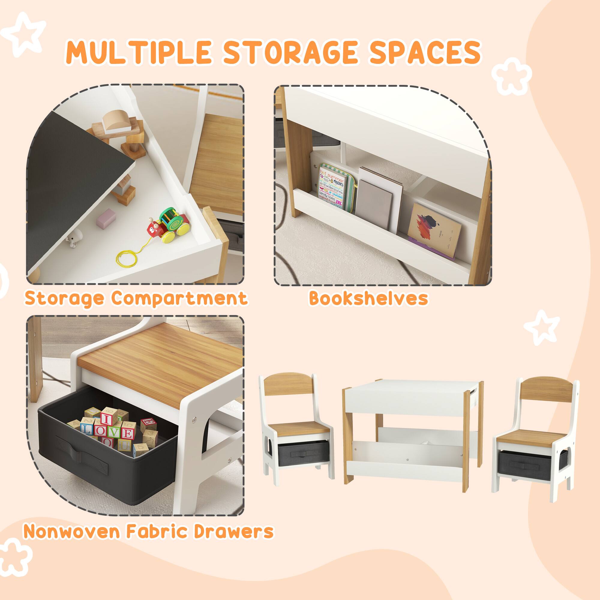MULTIPLE STORAGE SPACES

- Storage Compartment
- Bookshelves
- Nonwoven Fabric Drawers