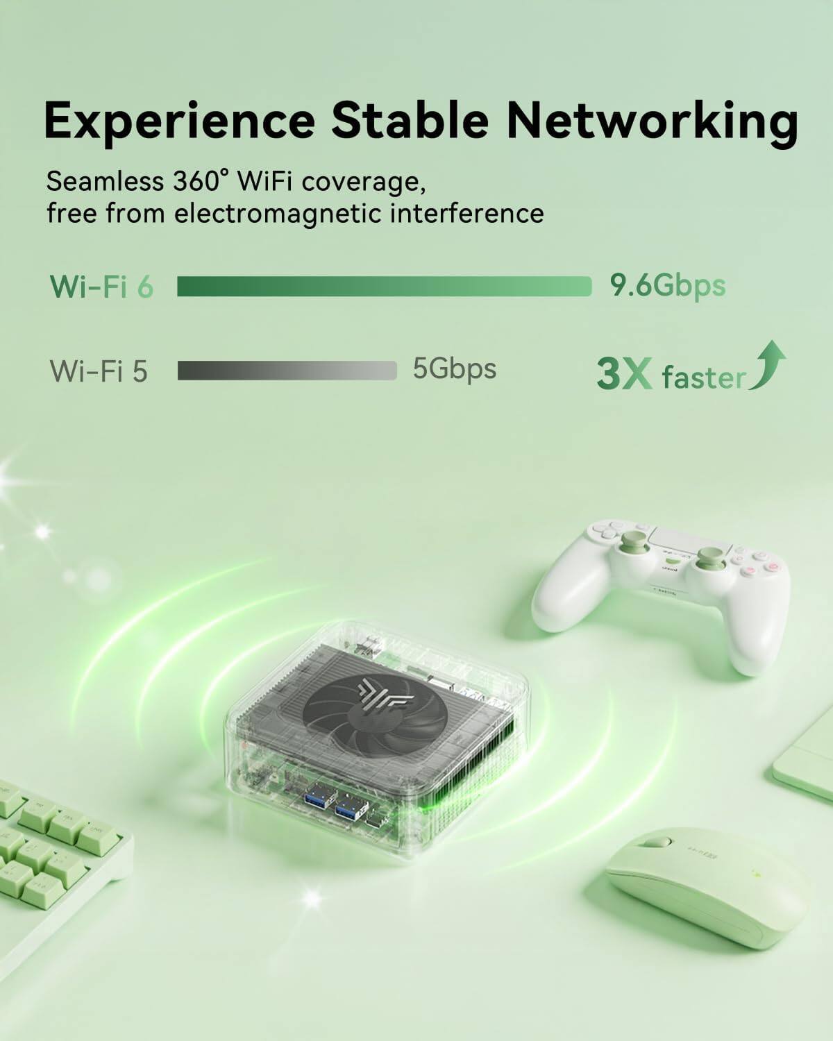 Experience Stable Networking

Seamless 360° WiFi coverage, free from electromagnetic interference

Wi-Fi 6: 9.6Gbps

Wi-Fi 5: 5Gbps

3X faster