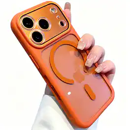 Dteck - for Apple iPhone 17 Pro Max Clear Magnetic Shockproof Case,Non-Slip Hard PC+TPU Bumper Mag Safe Wireless Charging Cover - Orange