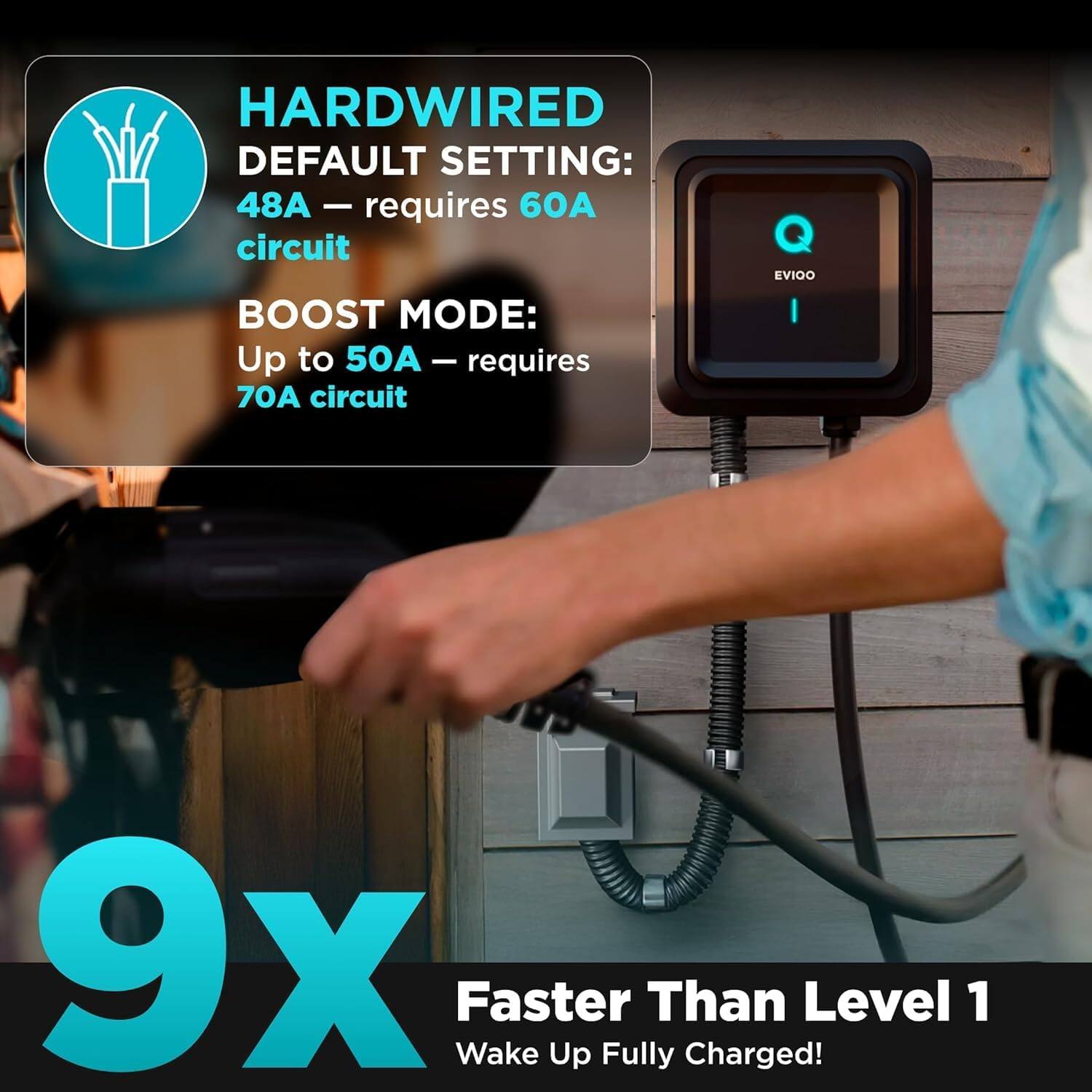 HARDWIRED DEFAULT SETTING:  
48A — requires 60A circuit  

BOOST MODE:  
Up to 50A — requires 70A circuit  

9X Faster Than Level 1  
Wake Up Fully Charged!