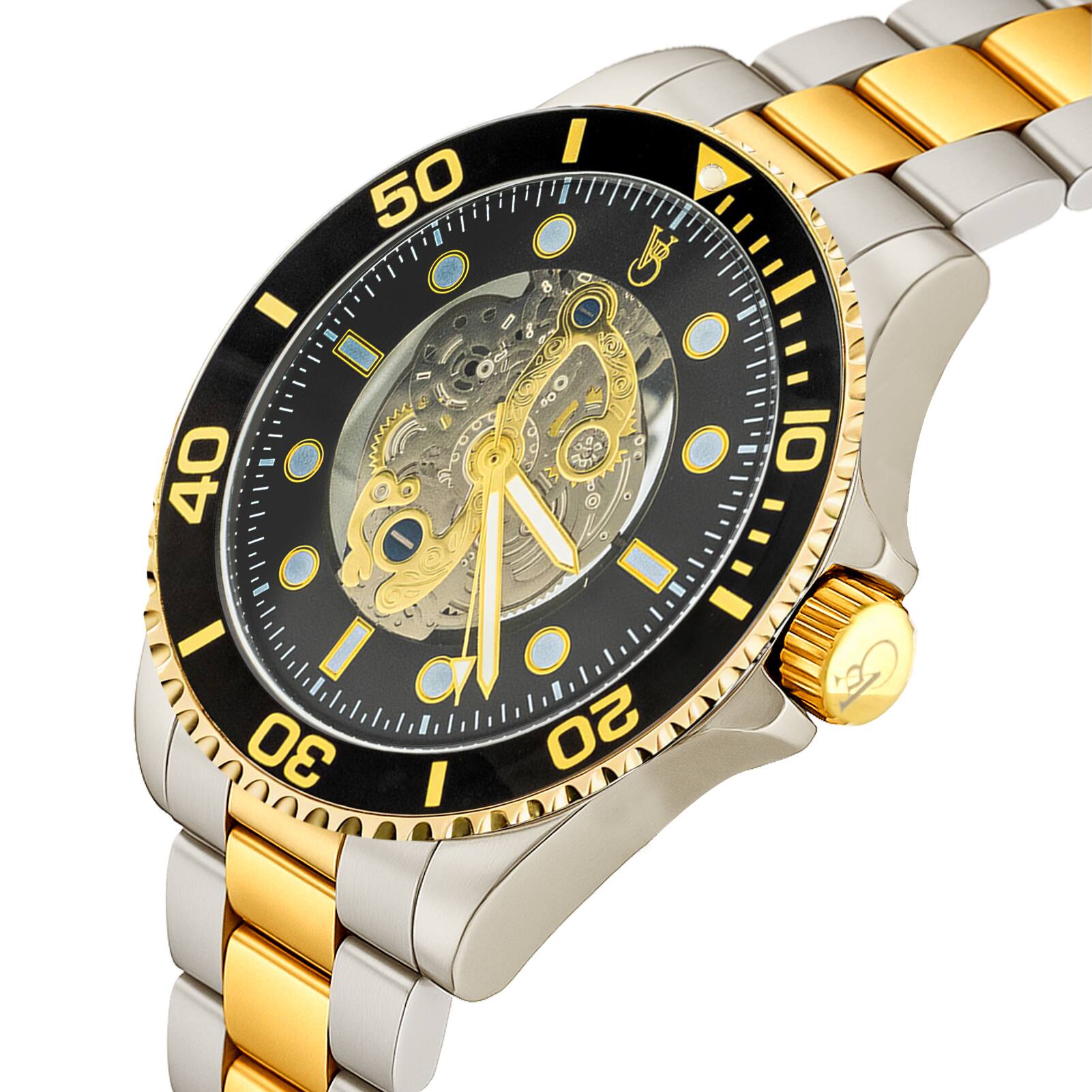 Back. Von Breyer - Navigator Men's Watch Automatic Skeleton Watch Black Dial Two-Tone Bracelet - Black.