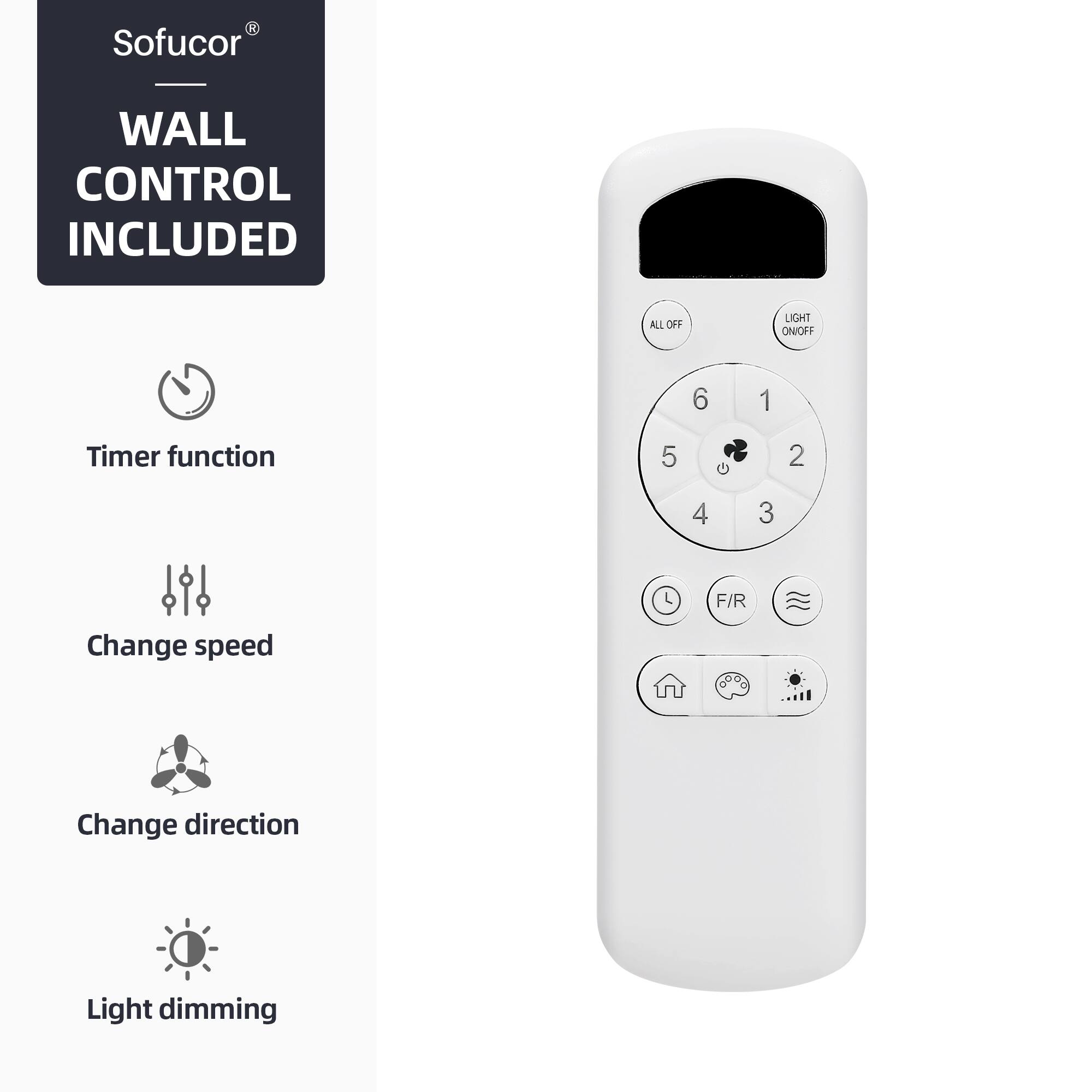 1. Sofucor WALL CONTROL INCLUDED

2. Timer function

3. Change speed

4. Change direction

5. Light dimming

6. ALL OFF

7. LIGHT ON/OFF

8. 1, 2, 3, 4, 5, 6

9. F/R

10. Light dimming