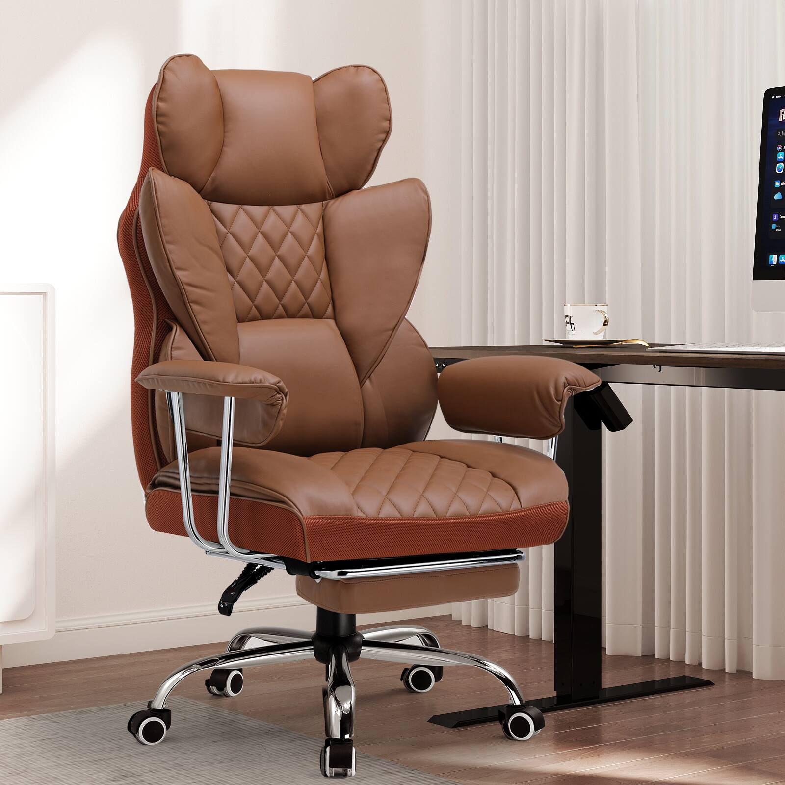 CloudRest Pro - 400lbs Heavy Duty Office Chair Faux Leather Wide Ergonomic Comfy Executive Chair - Brown