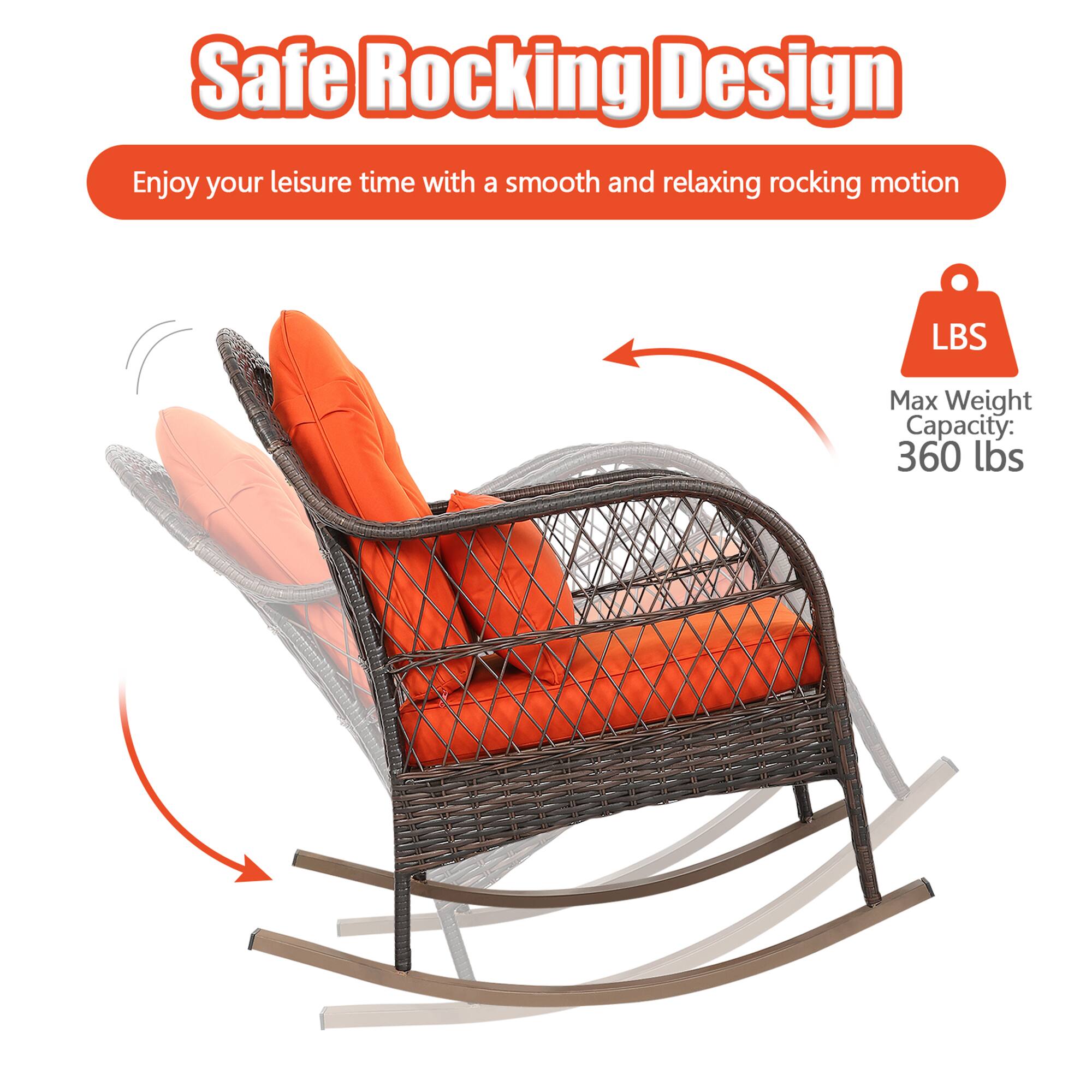 Safe Rocking Design  
Enjoy your leisure time with a smooth and relaxing rocking motion  

LBS  
Max Weight Capacity: 360 lbs