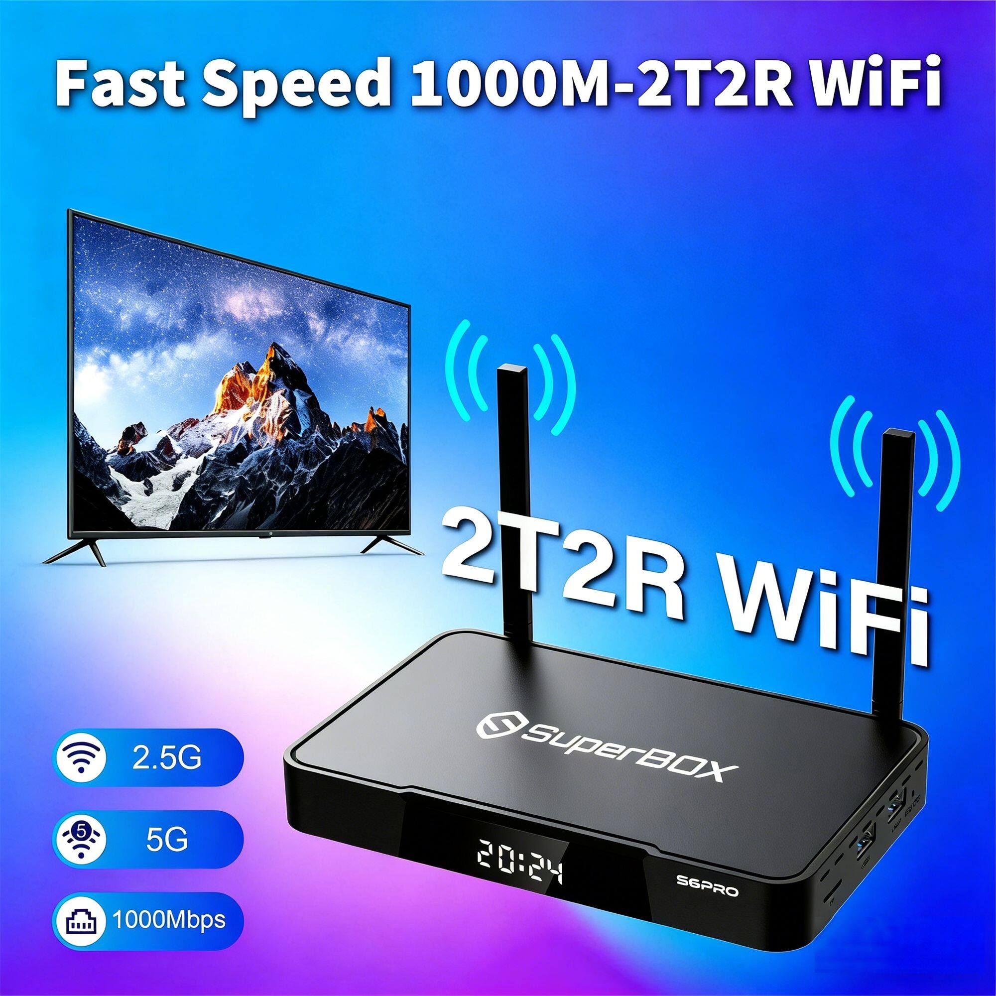 Fast Speed 1000M-2T2R WiFi  
2.5G 5G 1000Mbps  
2T2R WiFi  
SuperBOX  
S6PRO