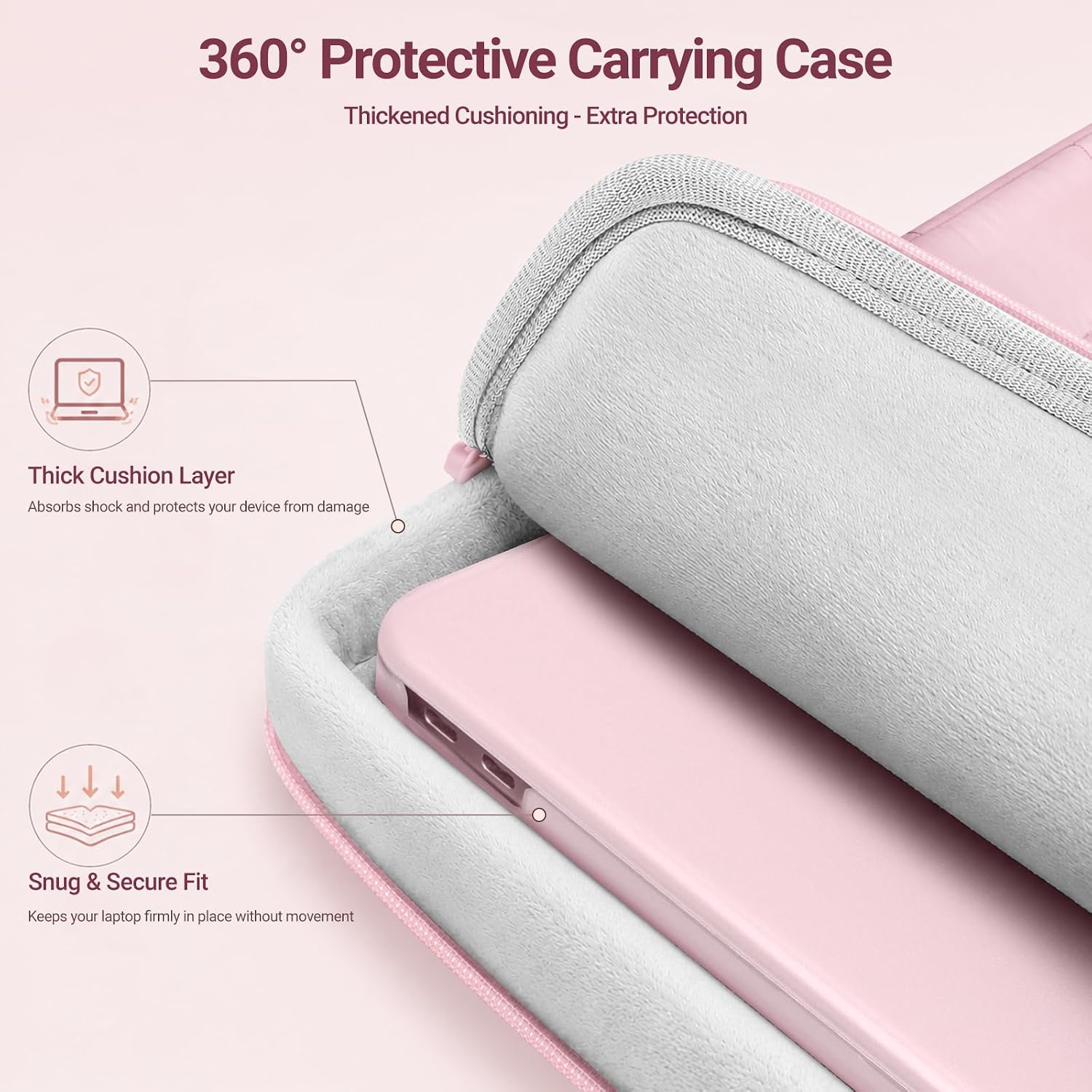 360° Protective Carrying Case  
Thickened Cushioning - Extra Protection

Thick Cushion Layer  
Absorbs shock and protects your device from damage

Snug & Secure Fit  
Keeps your laptop firmly in place without movement