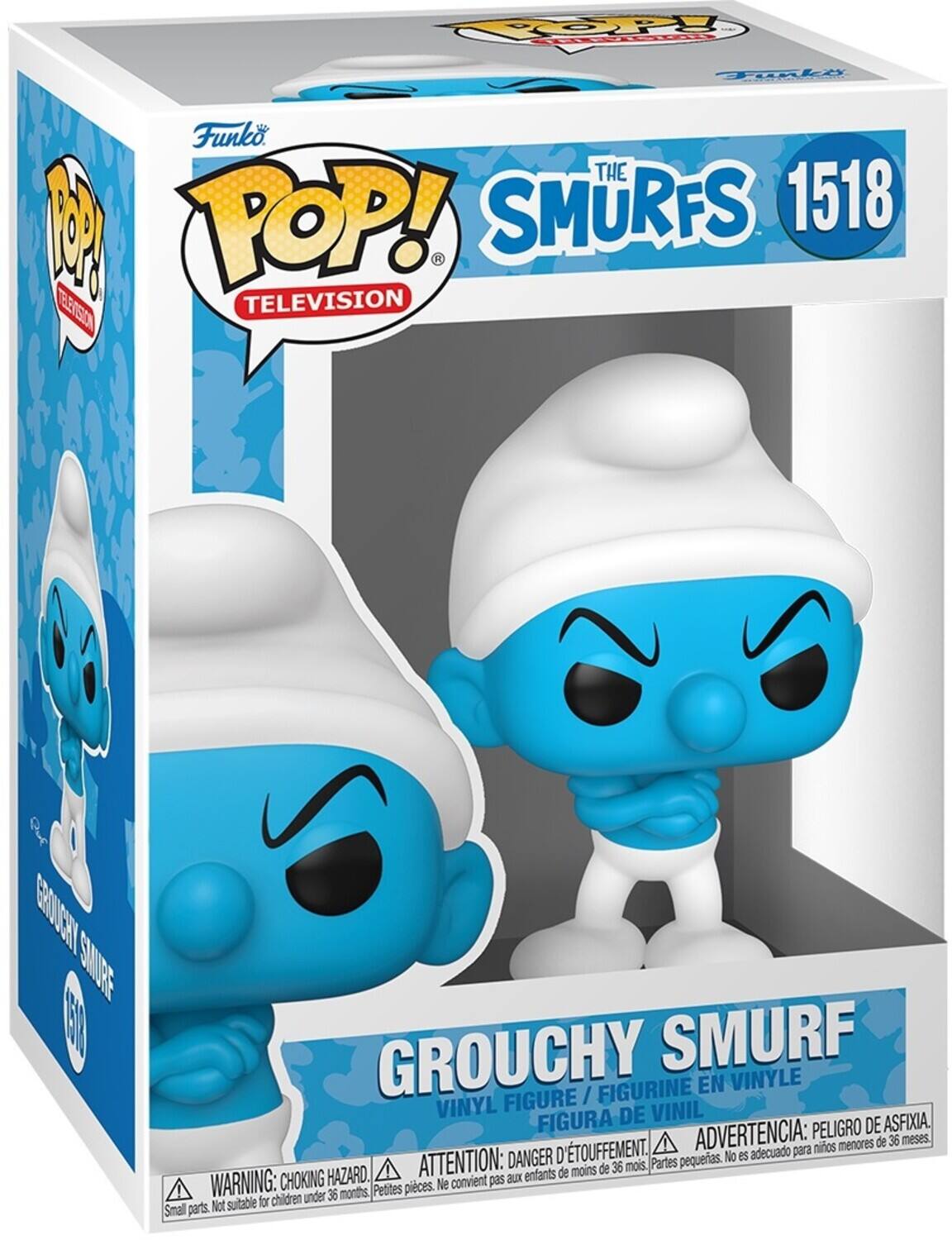 Funko POP! SMURFS 1518 THE SMURFS GROUCHY SMURF VINYL FIGURINE / FIGURE / VINIL FIGURA PELIGRO DE ASFIXIA. D'TOUFFEMENT. ADVERTENCIA: nios menores de 36 meses. DANGER No es adecuado para ATTENTION: de 36 mois. Partes pequeras. HAZARD. enfants de moins WARNING: CHOKING Not suitable for children under Smal parts. Petites pieces. Ne convient pas aux 36 months.