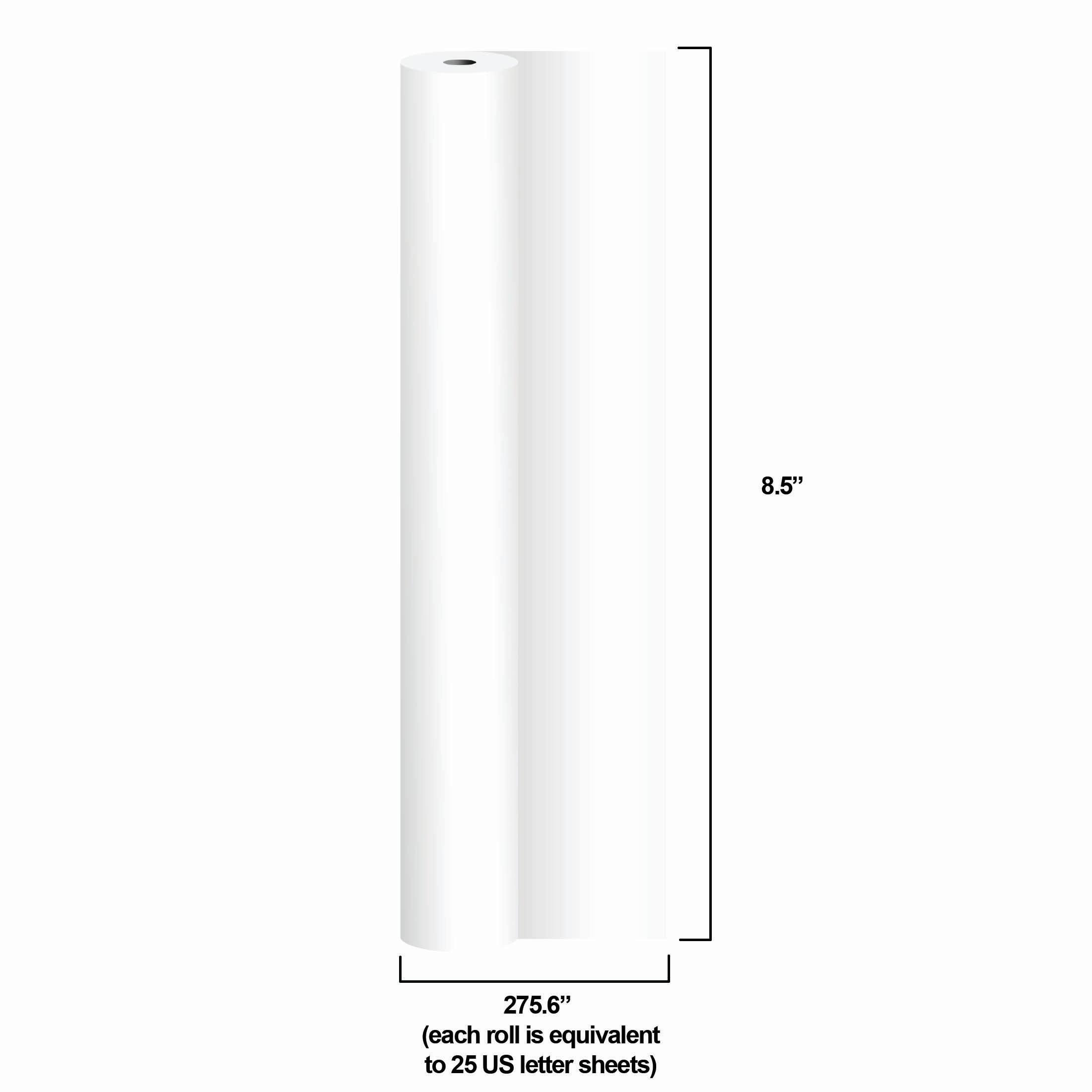 8.5" x 275.6" (each roll is equivalent to 25 US letter sheets)