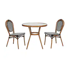 Flash Furniture - Lourdes Indoor/Outdoor Commercial Bistro 31.5" Table, and White PE Rattan, Glass Top with 2 Stack Chairs - Black