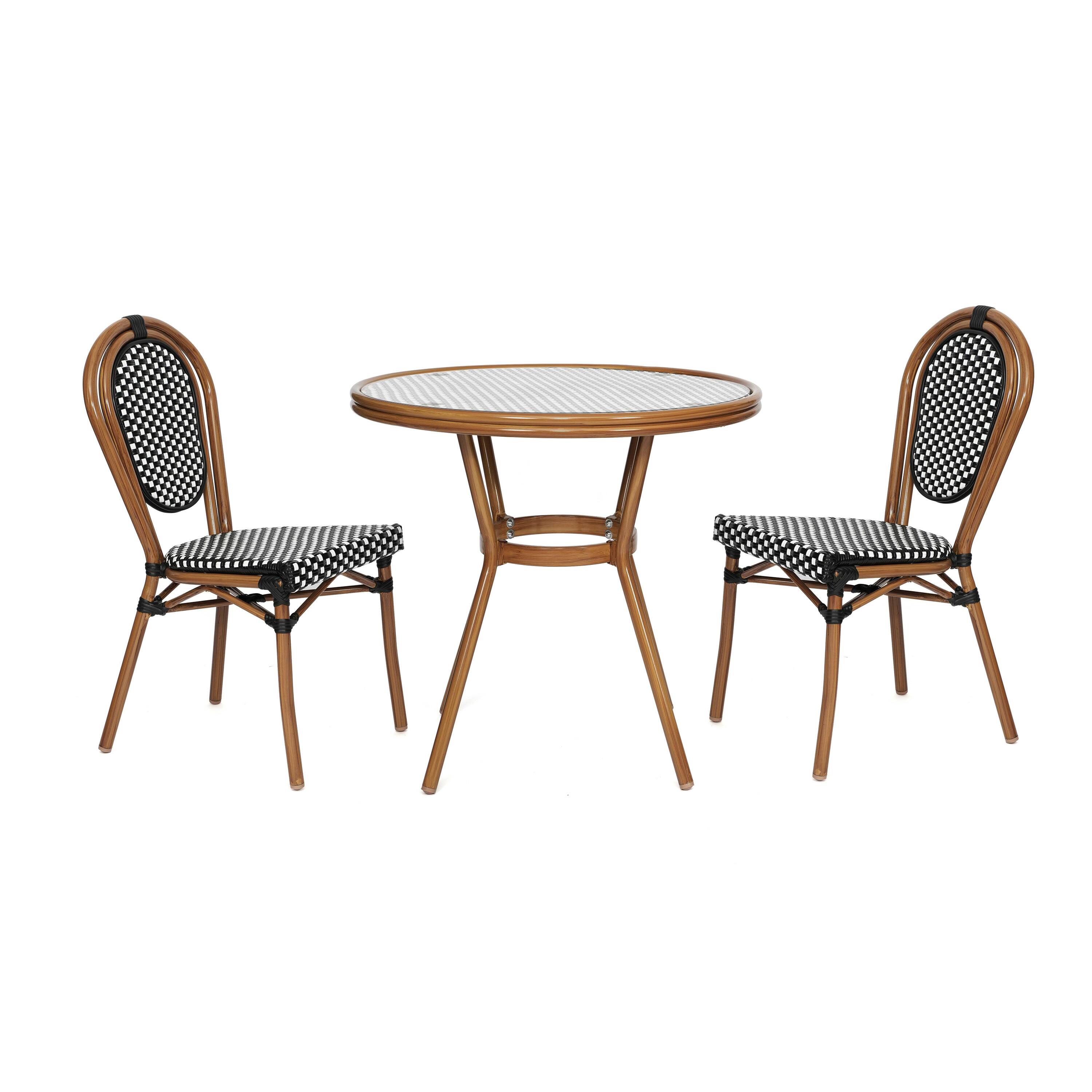 Front. Flash Furniture - Lourdes Indoor/Outdoor Commercial Bistro 31.5" Table, Black and White PE Rattan, Glass Top with 2 Stack Chairs - Black.