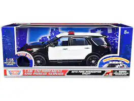 2015 Ford Police Interceptor Utility Black & White Flashing Light Bar, Front & Rear Lights & 2 Sounds 1/18 Car Motormax
