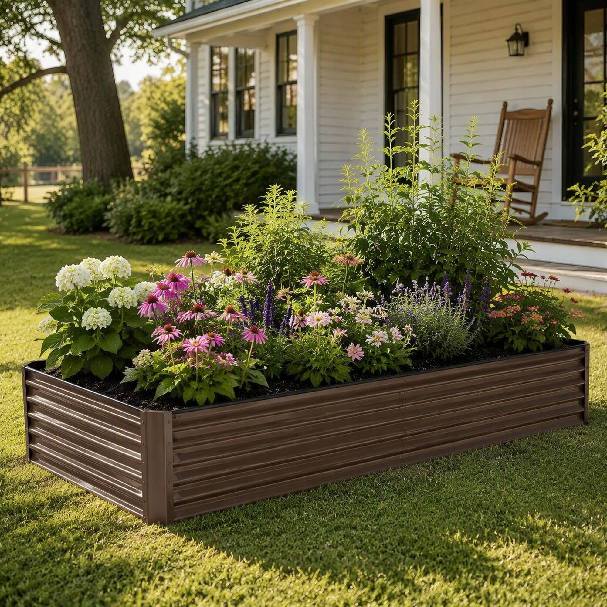 Angle. RYHNUYNE - Galvanized Raised Garden Bed 8x4x1.5 ft Large Metal Planter Box for Vegetables Flowers Outdoor Brown - Brown.
