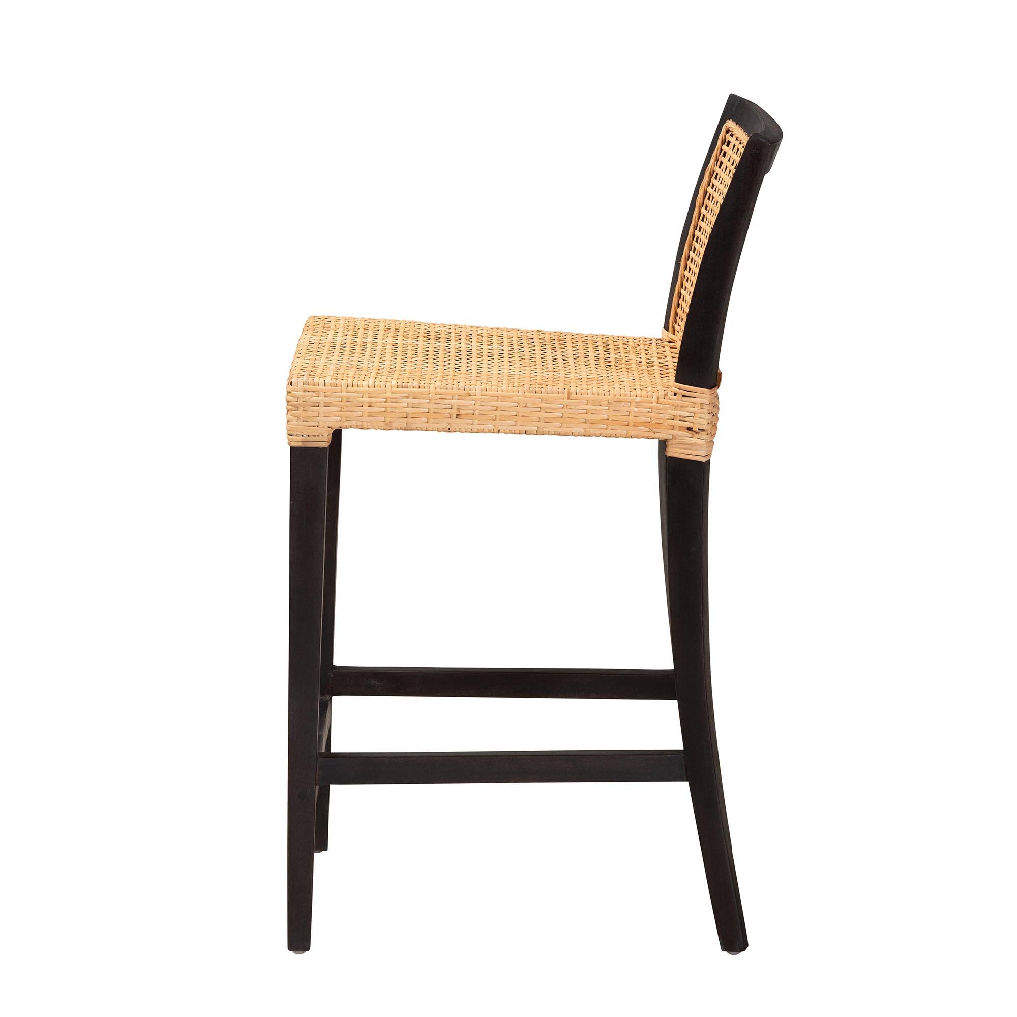 Left. bali & pari - Lingga Modern Bohemian Mahogany Wood and Natural Rattan Counter Stool - Dark Brown/Natural Brown.