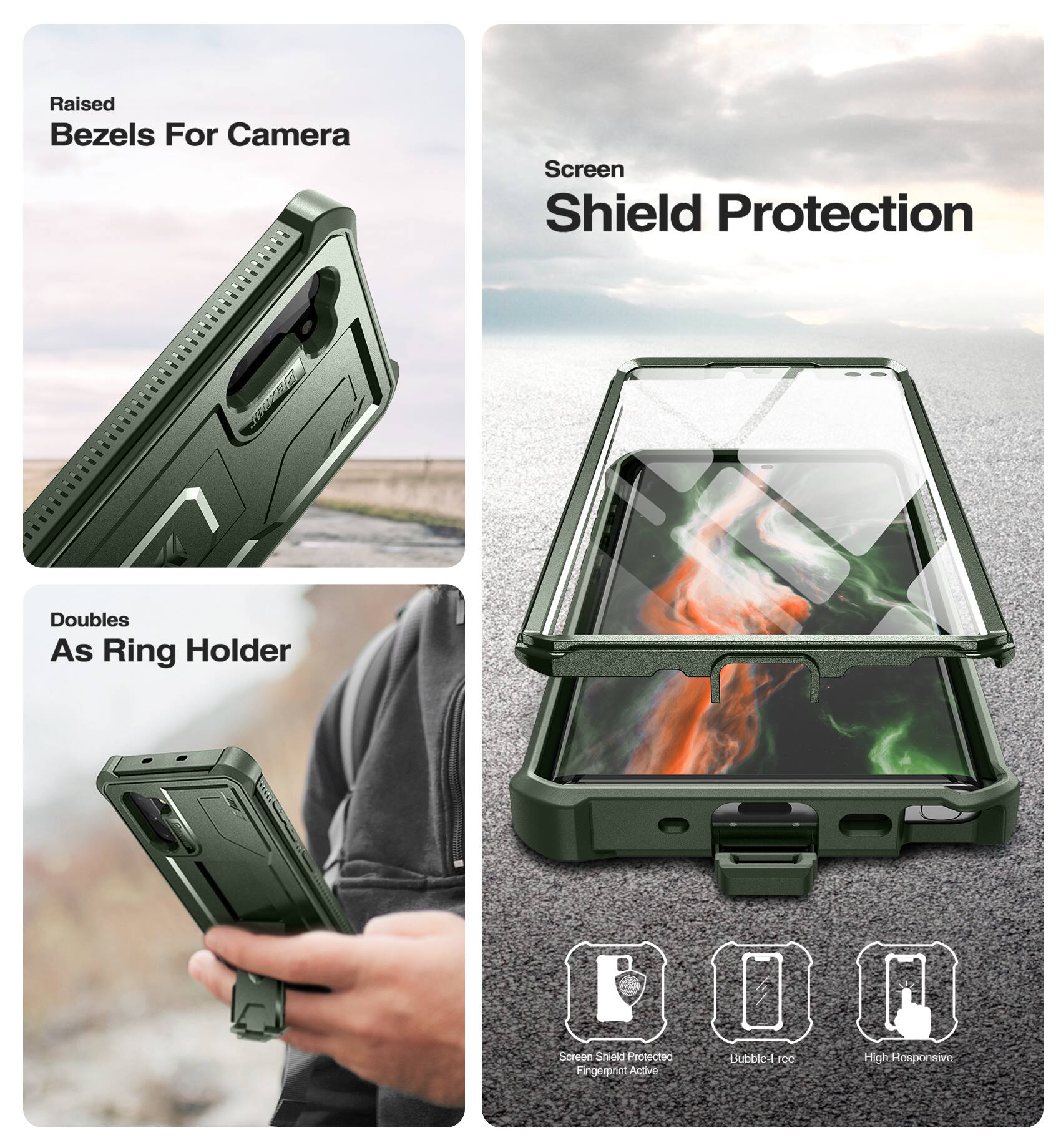 Raised Bezels For Camera  
Screen Shield Protection  
Doubles As Ring Holder  

Screen Shield Protected Fingerprint Active  
Bubble-Free  
High Responsive