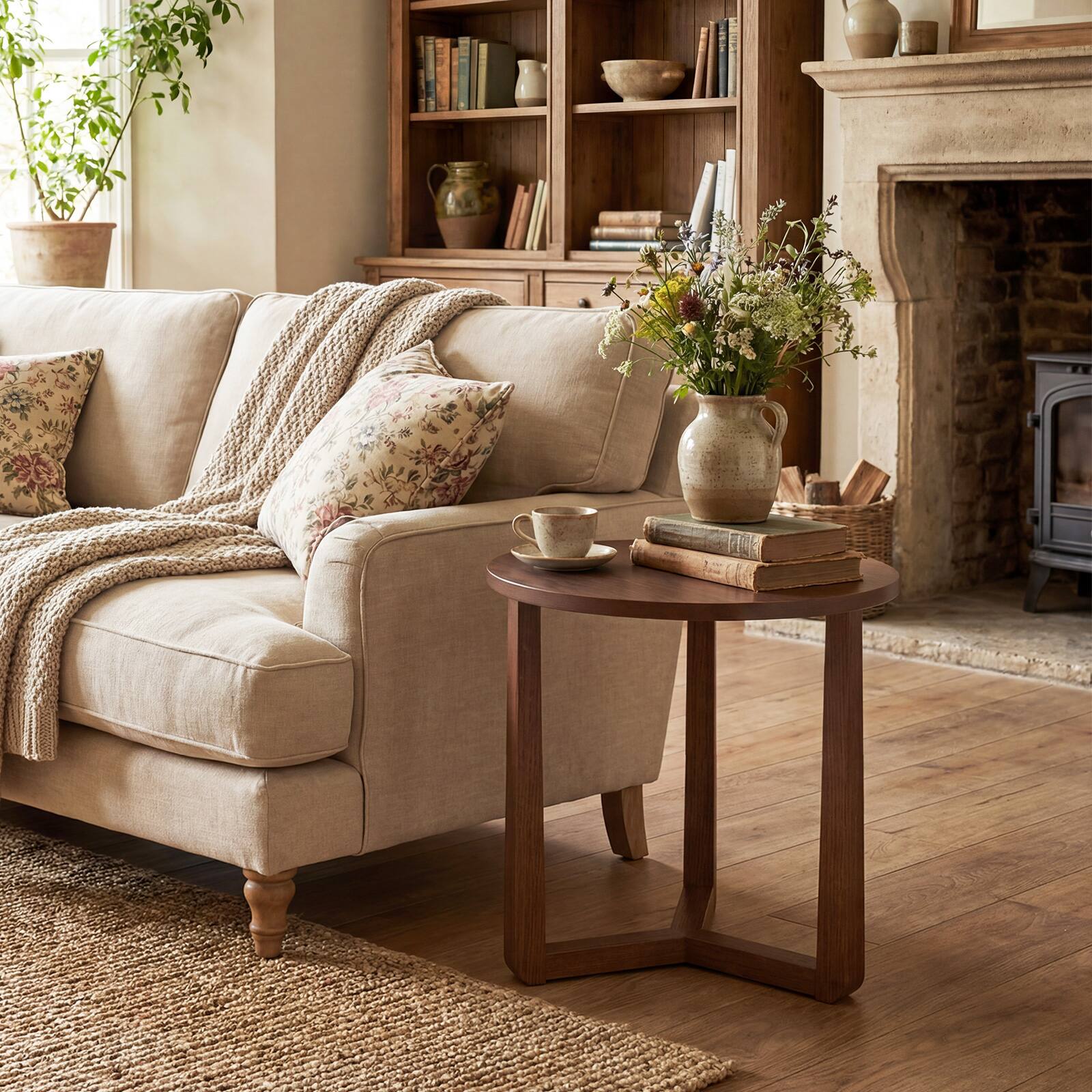 Alt View 4. Gymax - Gymax Round Side Table w/Sturdy Rubber Wood Legs & Triangular Structure for Bedroom Walnut - Brown.
