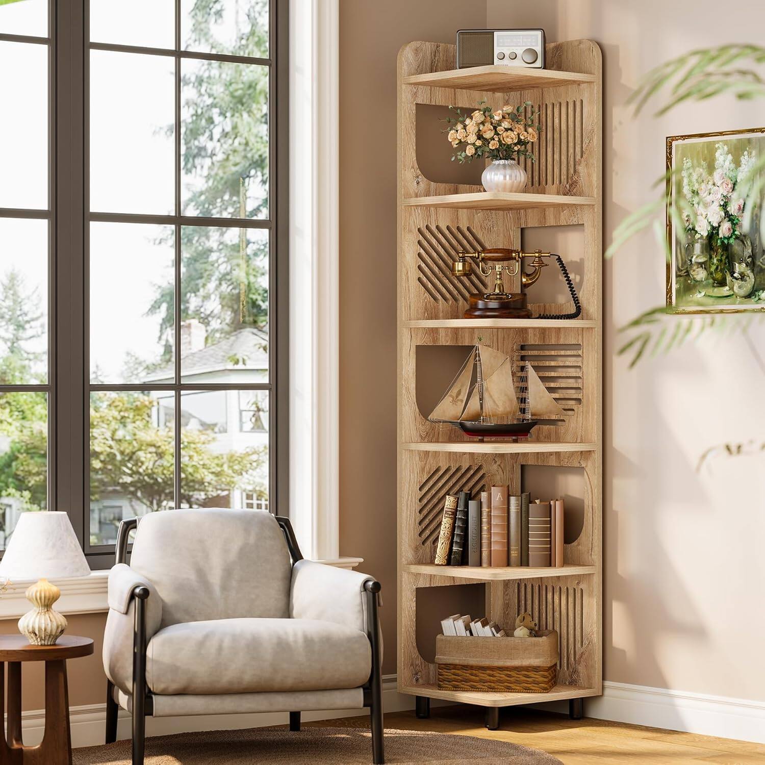 Tribesigns Corner Bookshelf with Engineered Wood Construction and Space ...