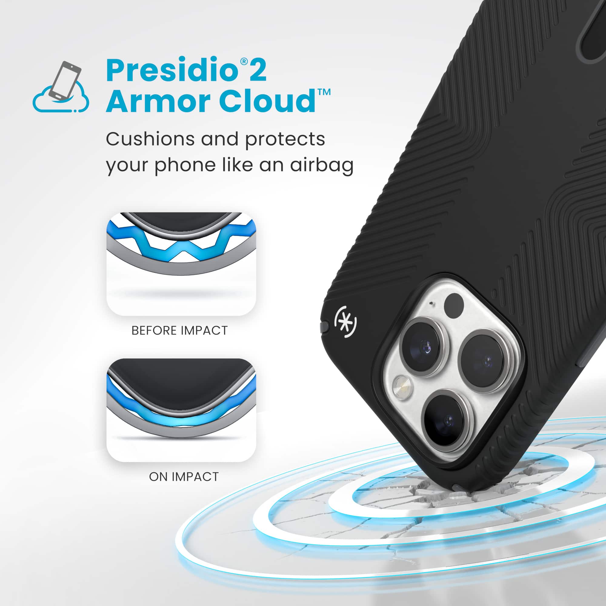 Presidio 2 Armor Cloud: Cushions and protects your phone like an airbag BEFORE IMPACT *) ON IMPACT