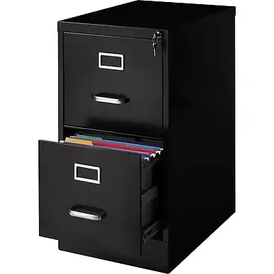 Front. Staples - 2-Drawer Vertical File Cabinet, Letter Size, Lockable, 27.95"H x 14.9"W x 24.4"D - Black.