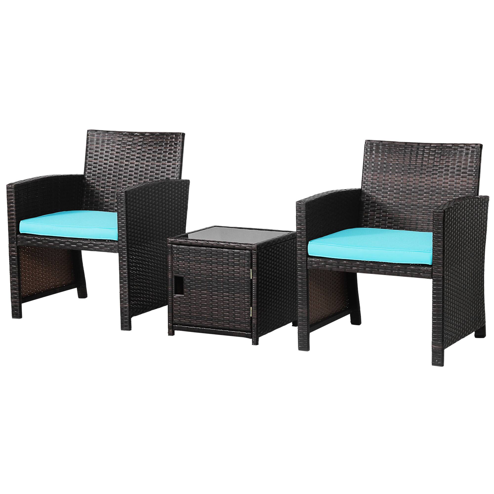Alt View 9. Gymax - Gymax 3PCS Patio PE Rattan Conversation Furniture Set Bistro Set w/ Waterproof Cover Turquoise - Turquoise.