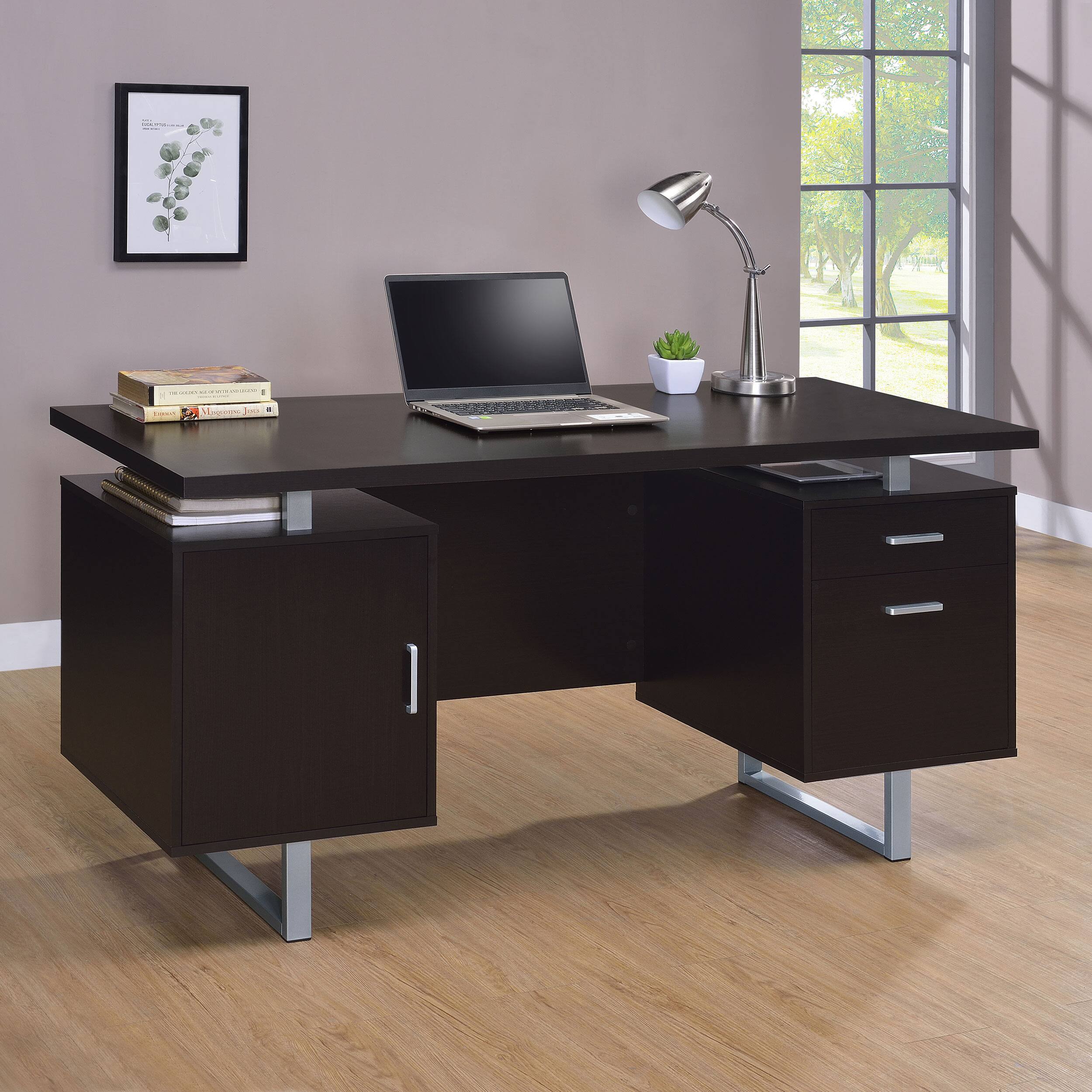 Front. APRILSOUL - 1pc Contemporary 60-inch 2-drawer Computer Desk White High Gloss Home Office Silver Finish Metal Base Cappuccino - Cappuccino.