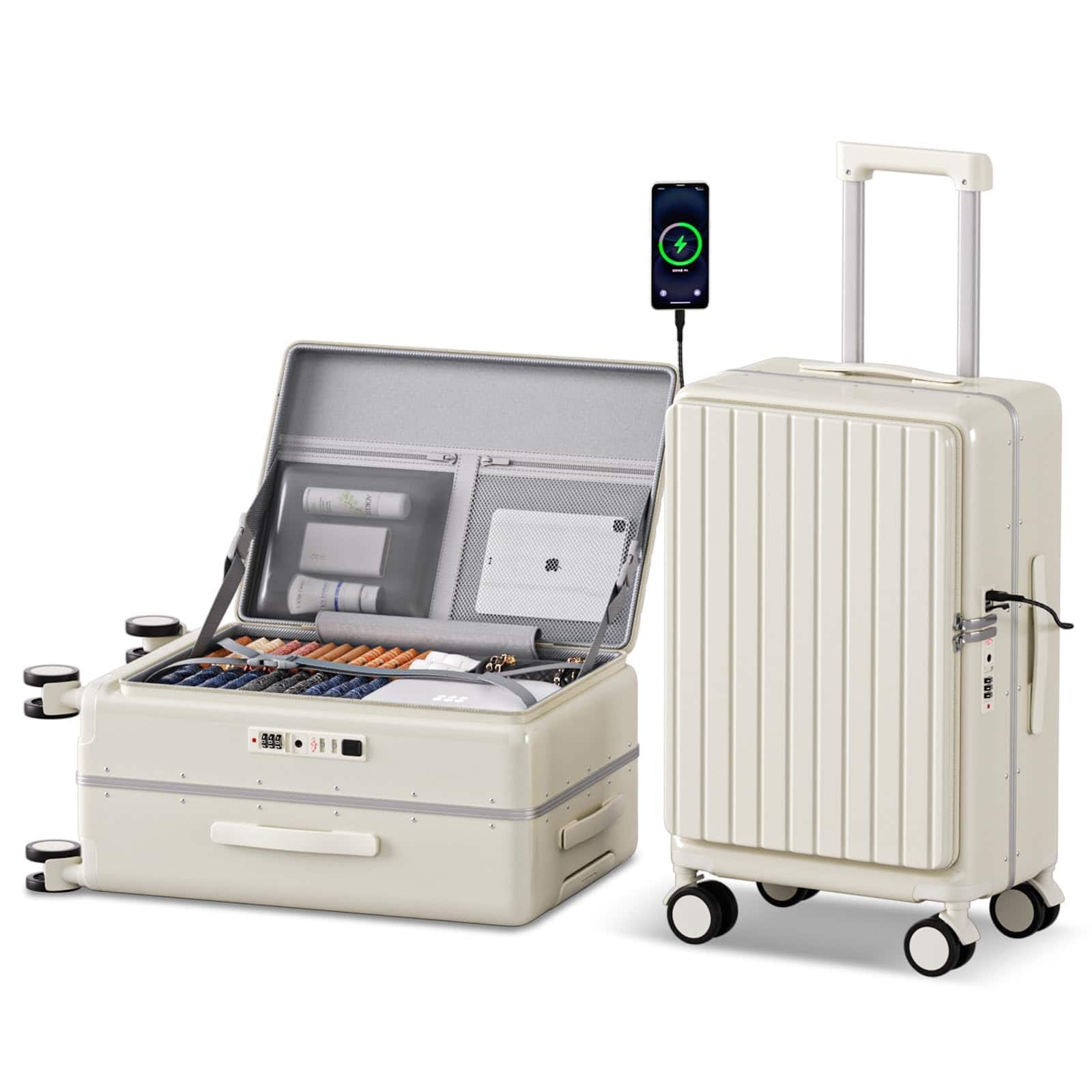DORLUKFU- SKYROMER 20 Inch carry on luggage 22x14x9 airline approved Hard Shell Spinner Suitcase Top Opening Aluminum Frame Travel- Ivory White