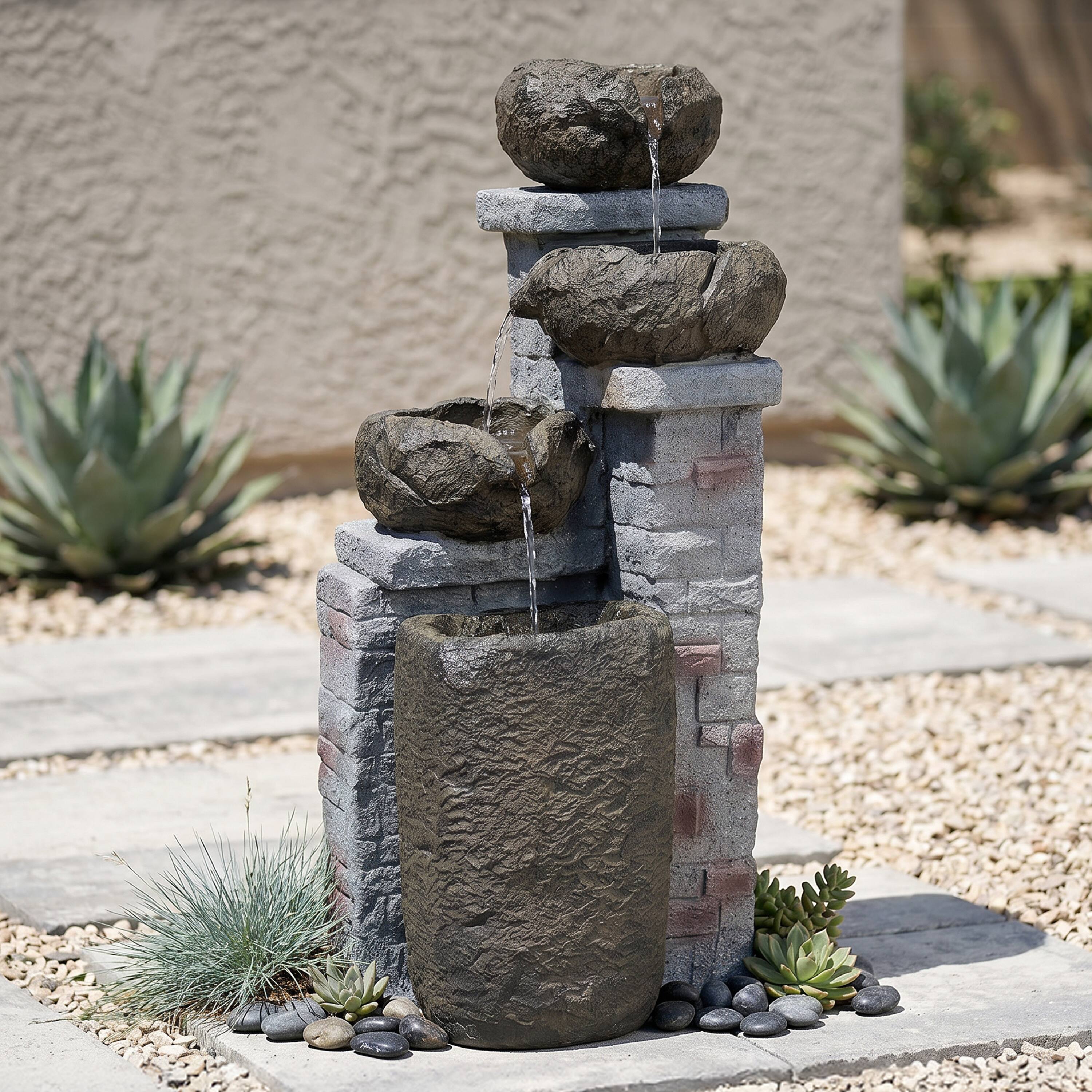 Alt View 5. Sunnydaze - Cascading Stone Bowl Solar Water Fountain with LED Lights - 27 in - Brown.
