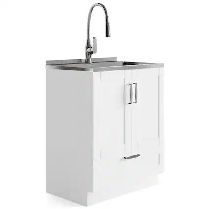 Front. Simpli Home - Reed All-in-One 28-inch Utility Sink & Cabinet - Pure White.