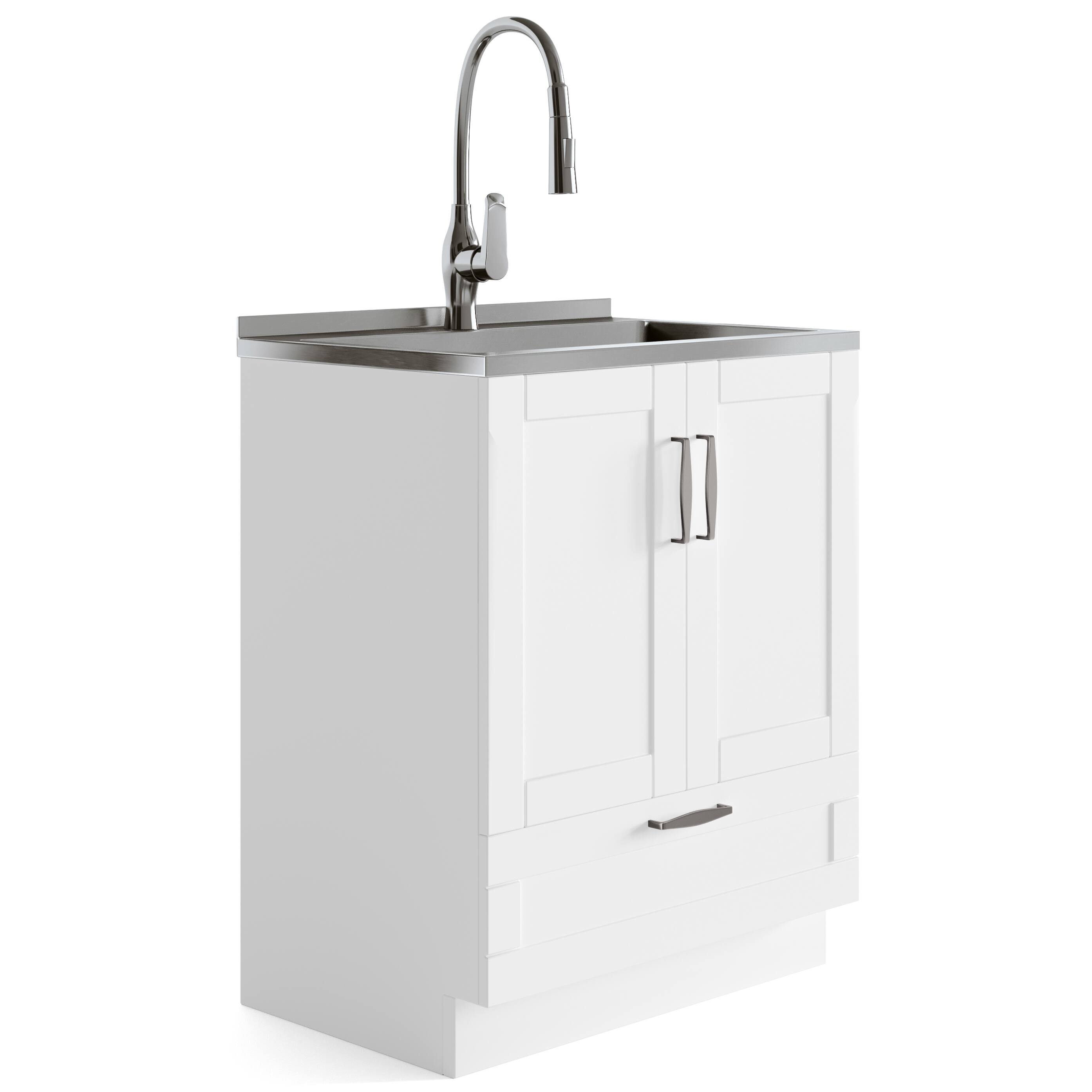 Front. Simpli Home - Reed  All-in-One 28-inch Utility Sink & Cabinet - Pure White.