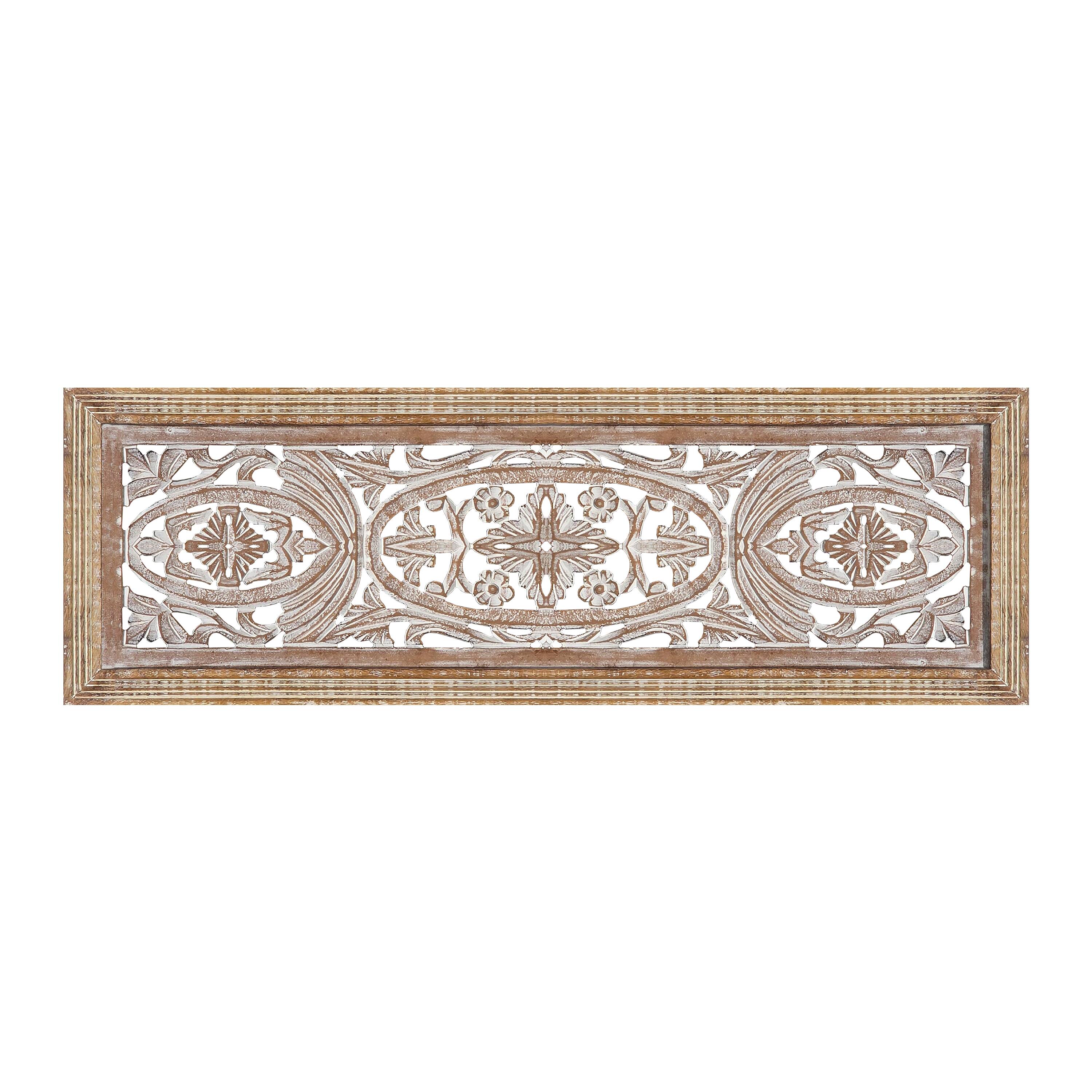 Alt View 1. Manhattan Lane - Rectangular Mango Wood Wall Panel Hand Crafted With Intricate Carving - White and Brown.