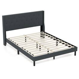 LUCKY ONE - Queen Assembled Upholstered Bed Frame with Button Tufted Wingback Headboard Wooden Slats 800 lbs - Dark Gray