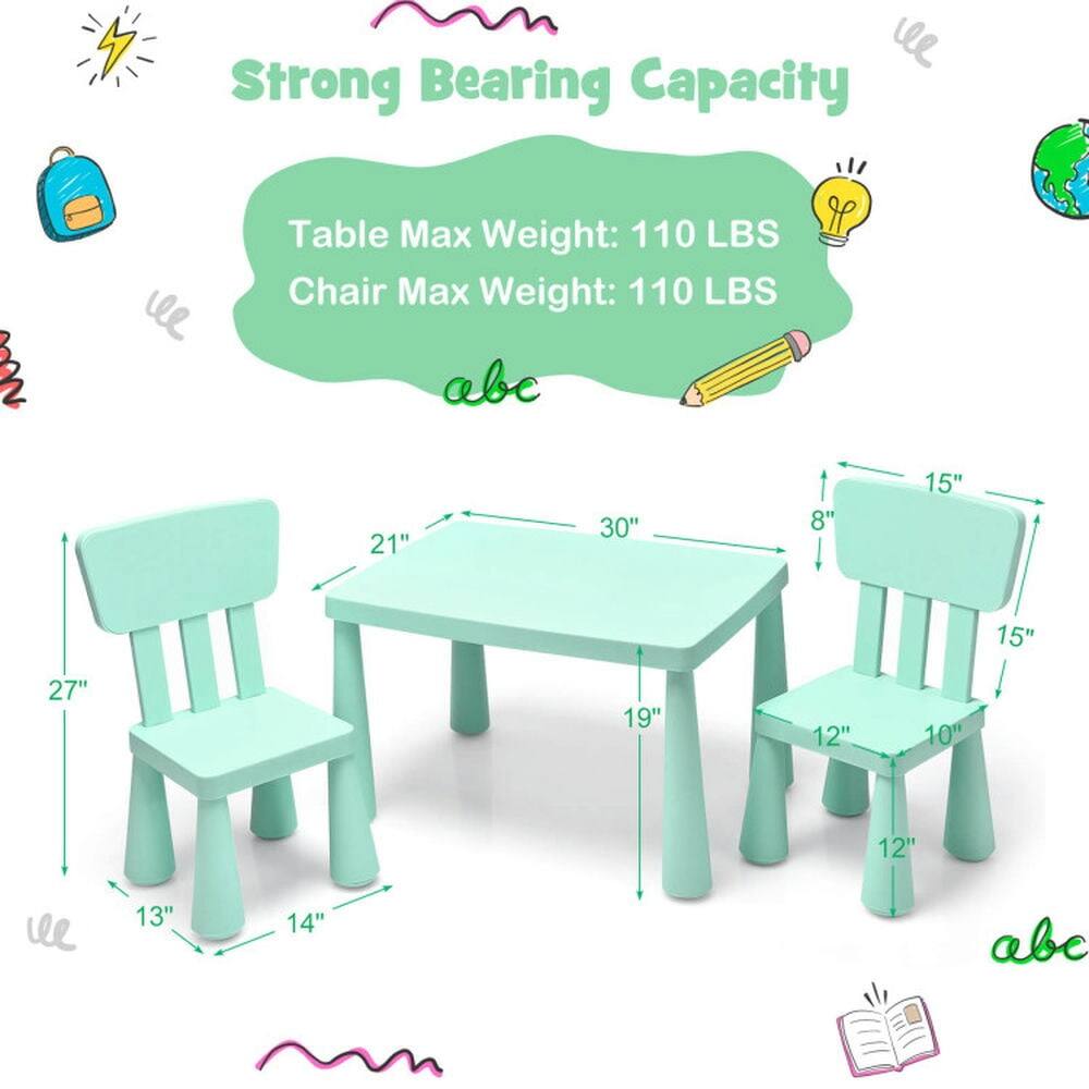 Strong Bearing Capacity  
Table Max Weight: 110 LBS  
Chair Max Weight: 110 LBS  

Dimensions:  
- Table: 30" x 21" x 19"  
- Chair: 15" x 14" x 13"