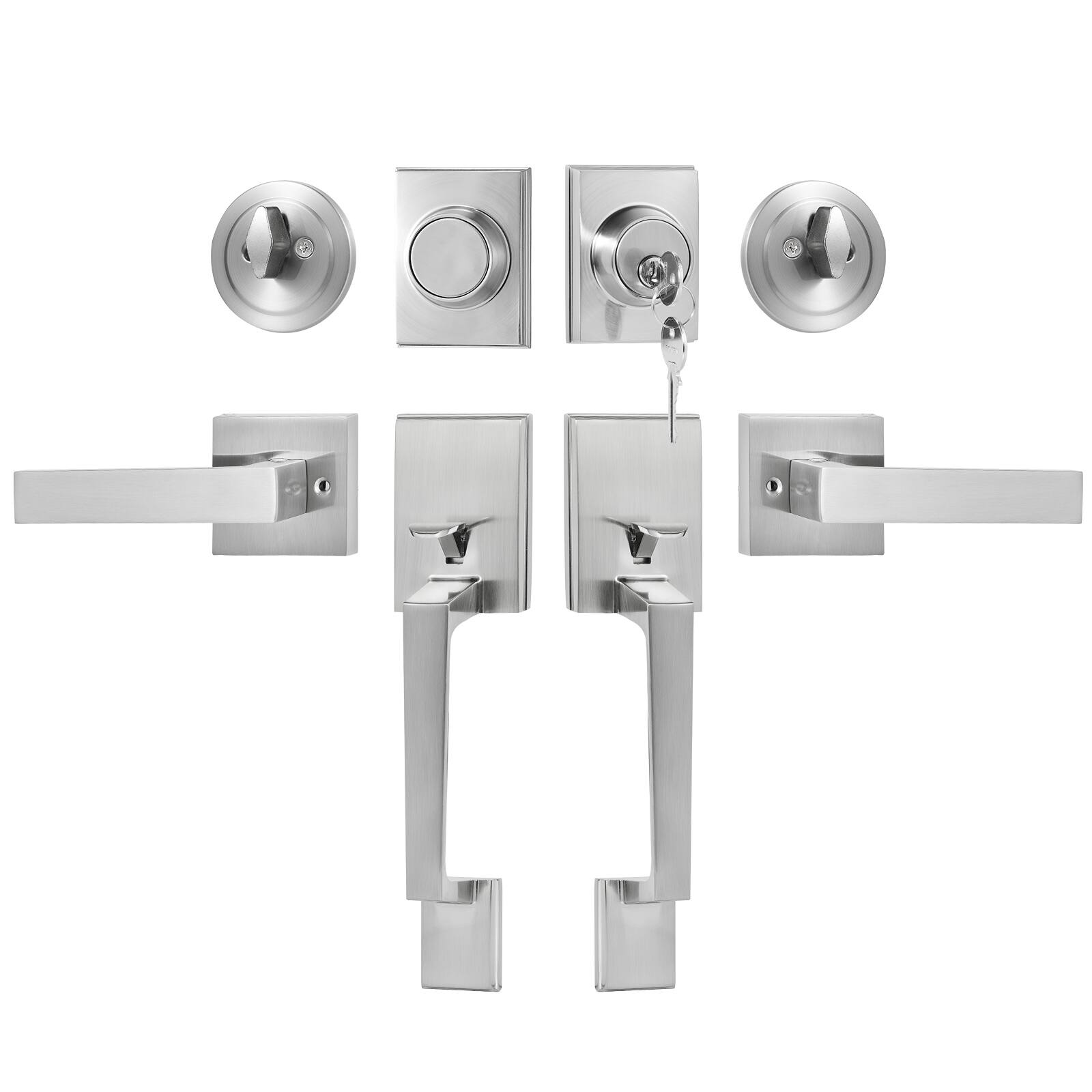 Front. VEVOR - Double Door Handle Set, Double Door Lock Set with Reversible Handle Lever, Satin Nickel Square Door Lever - Silver.