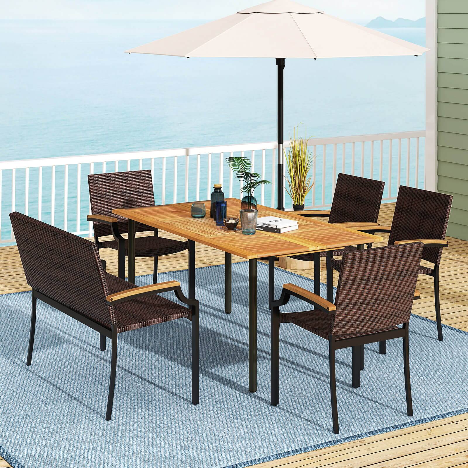 Alt View 4. Costway - Costway 6 PCS Outdoor Dining Set with Acacia Wood Tabletop, 1.97" Umbrella Hole for Deck - Mix Brown.