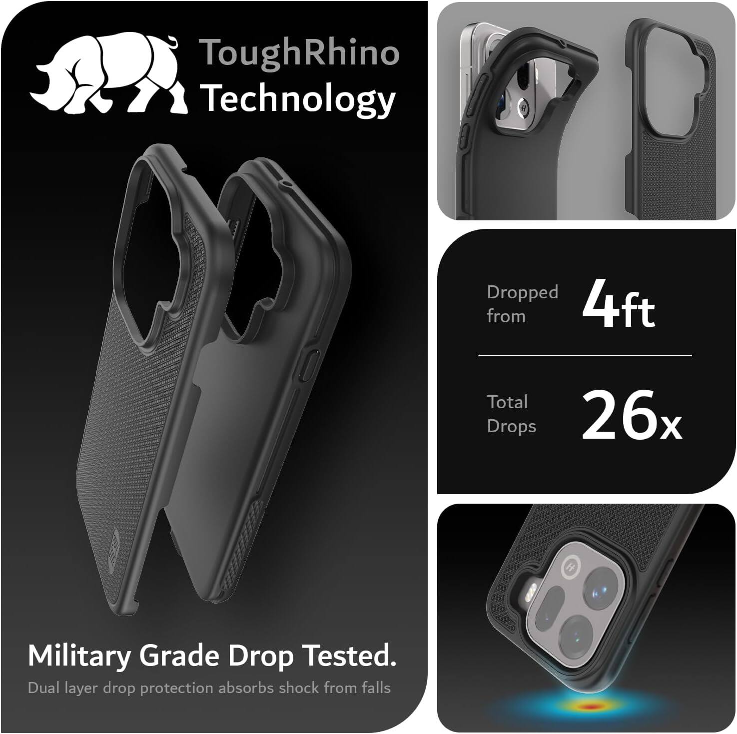 ToughRhino Technology

Dropped from 4ft  
Total Drops 26x

Military Grade Drop Tested.  
Dual layer drop protection absorbs shock from falls
