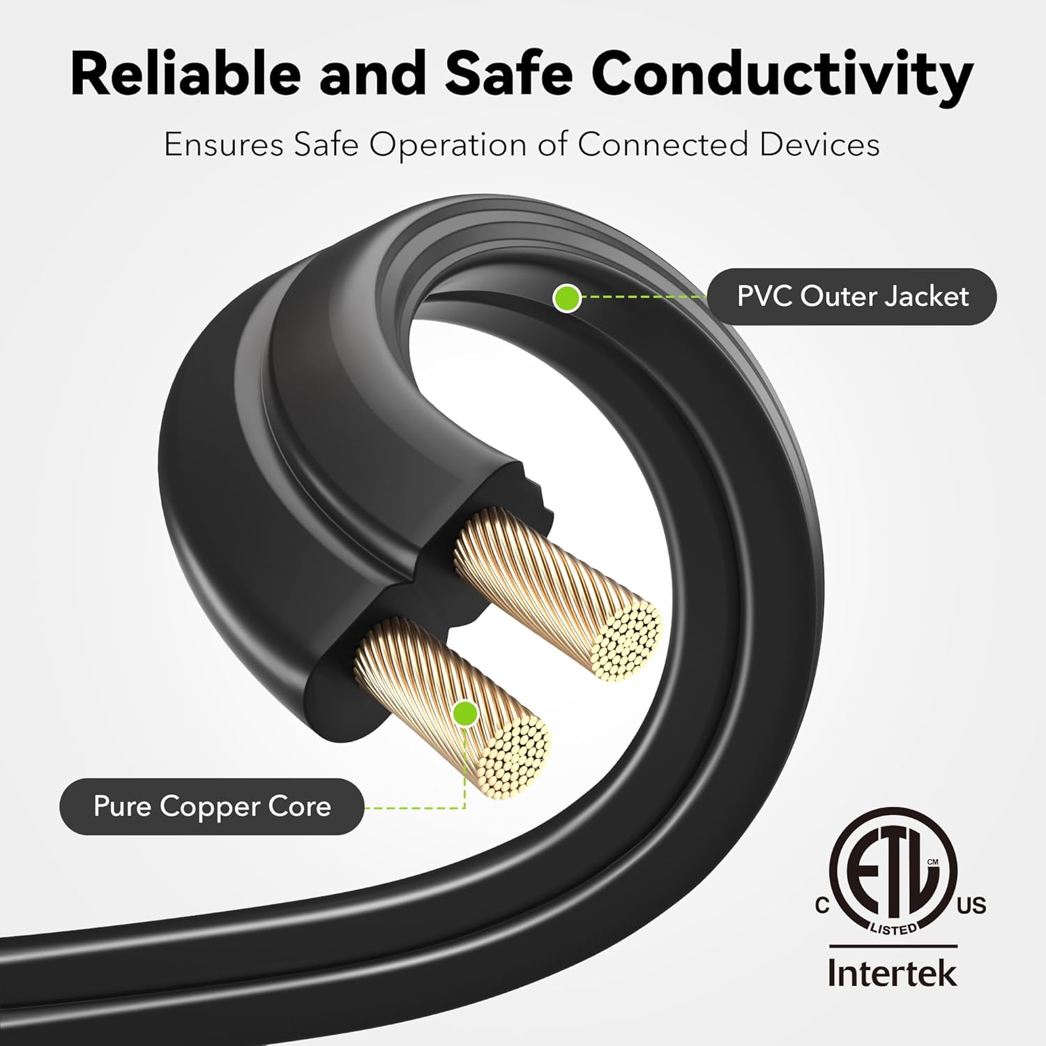 Reliable and Safe Conductivity  
Ensures Safe Operation of Connected Devices  

PVC Outer Jacket  
Pure Copper Core  

ETL US LISTED  
Intertek
