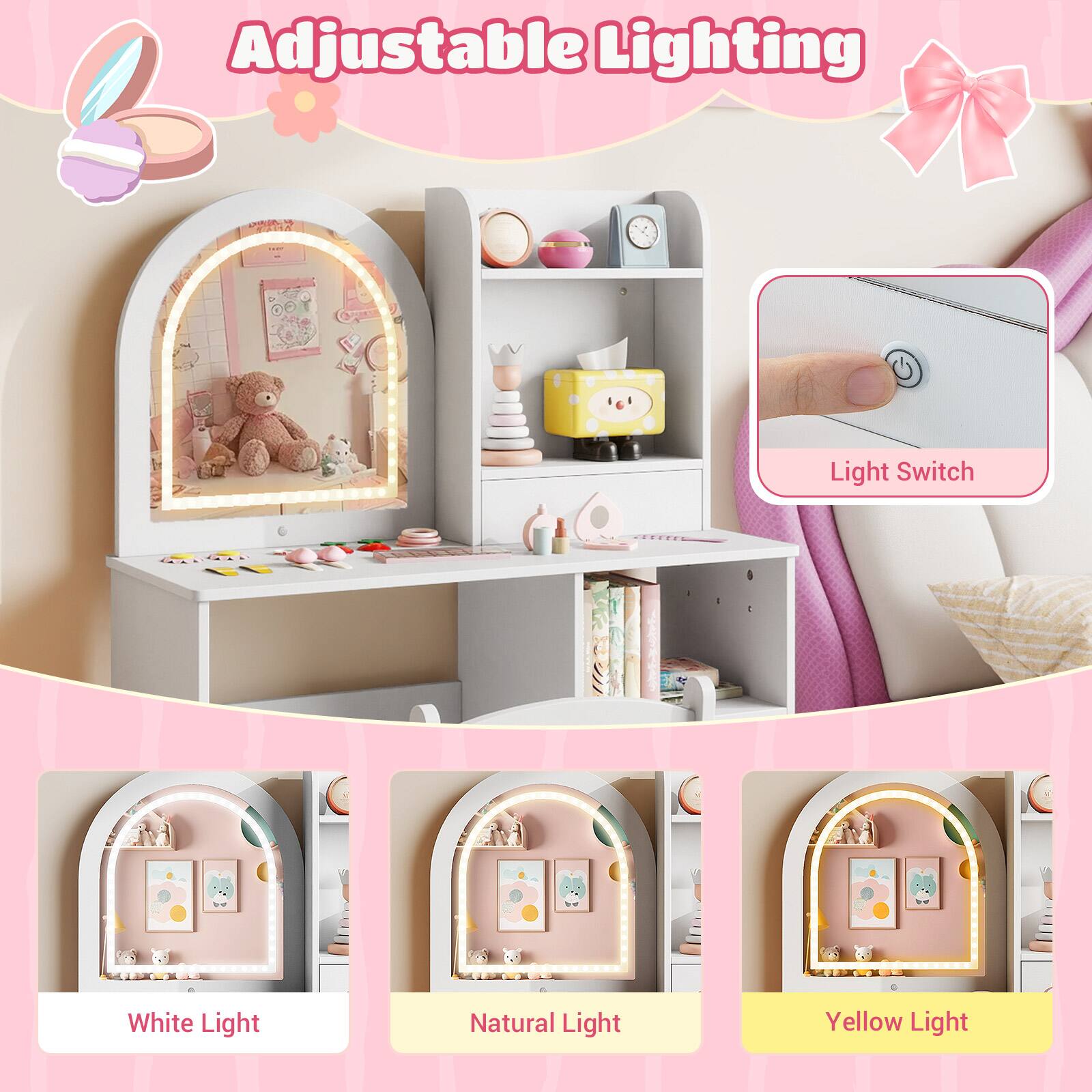 Adjustable Lighting

Light Switch

White Light

Natural Light

Yellow Light